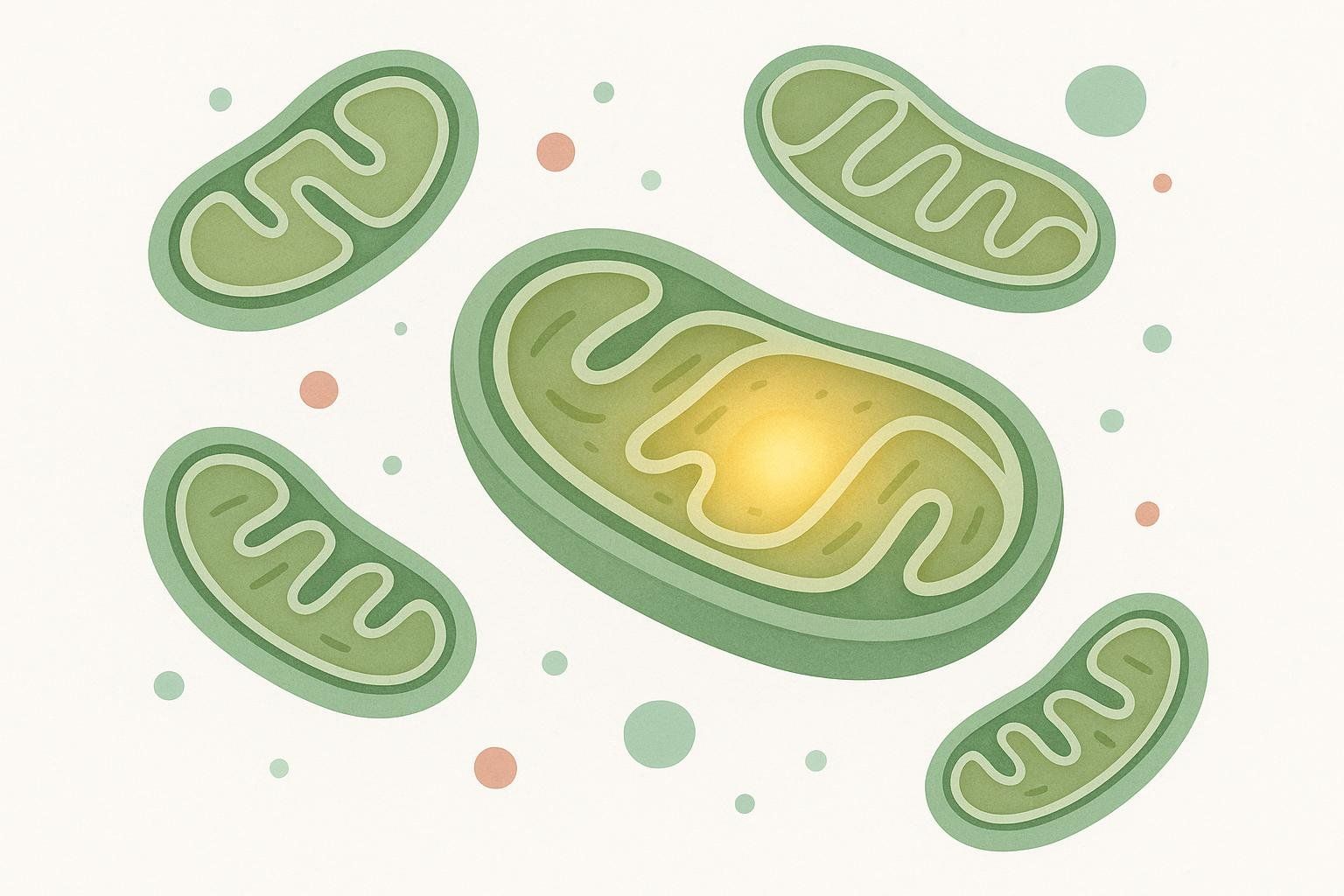 A stylized illustration of several green mitochondria with internal wavy structures, one of which glows yellow, against a light background with scattered dots.
