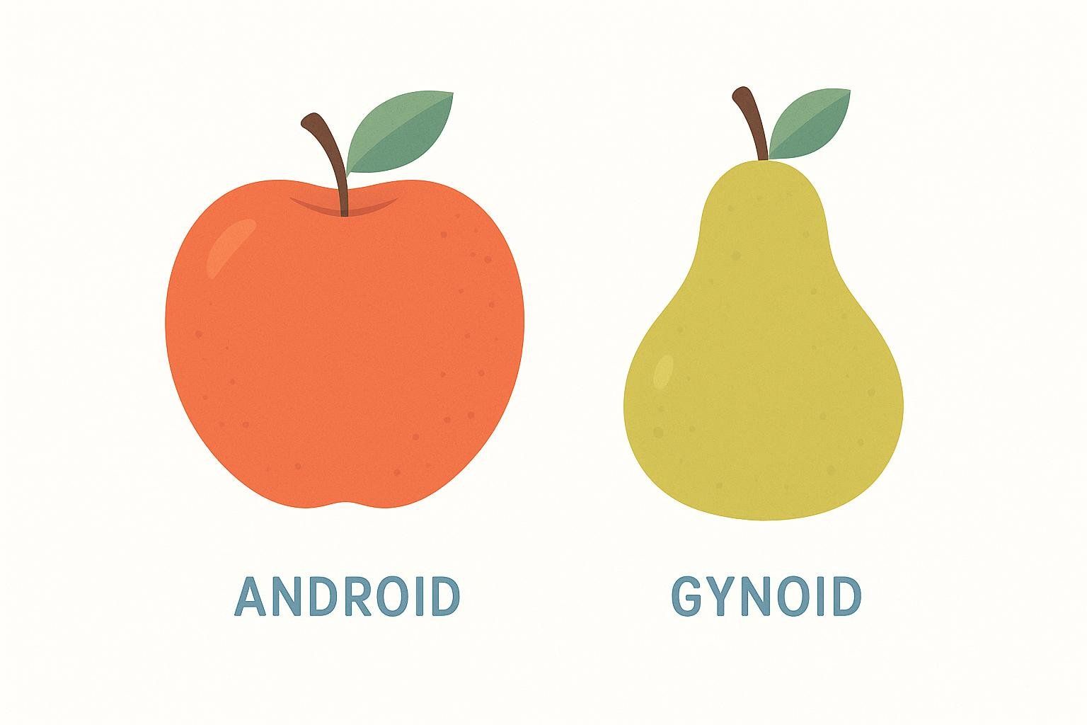 An illustration showing an red apple labeled 'ANDROID' and a green pear labeled 'GYNOID', representing different body fat storage patterns.