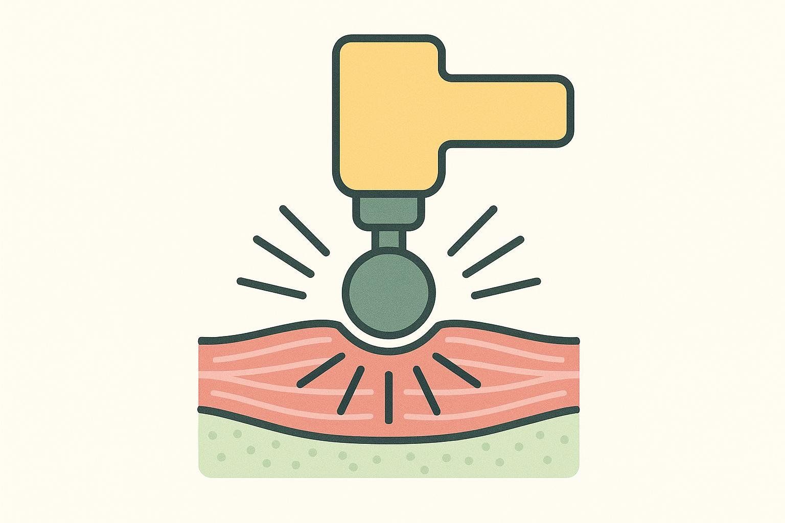 Diagram illustrating how percussive therapy from a massage gun works on a muscle, showing the device applying pressure to red muscle tissue above a green layer.