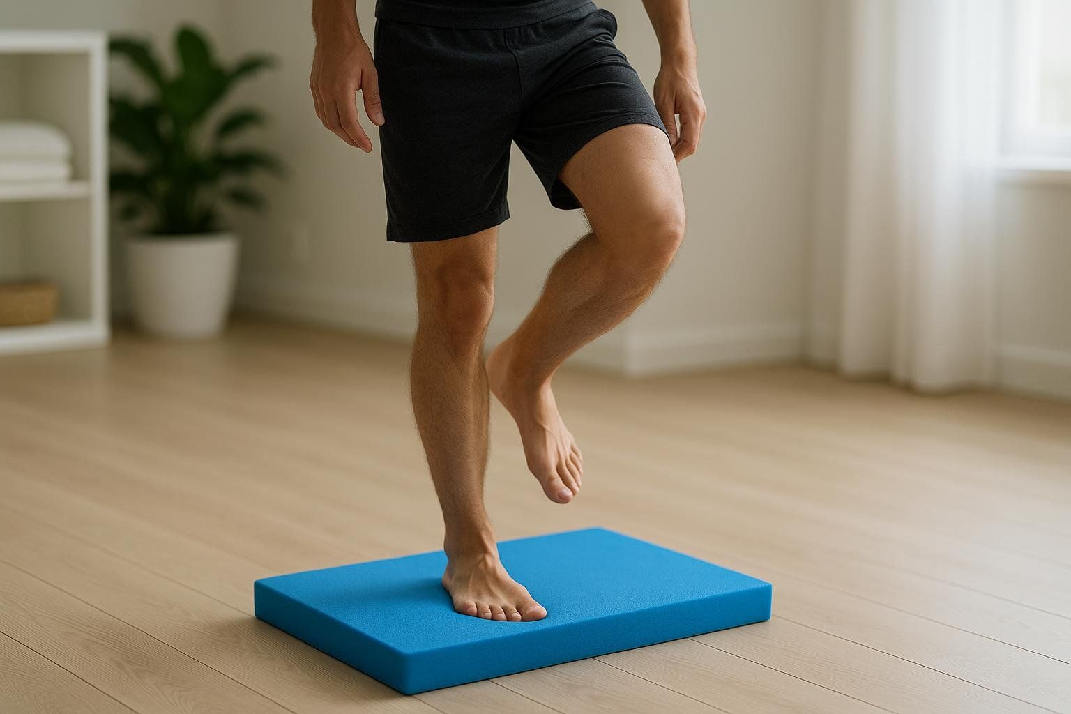 A person improves their balance by standing on one leg on a blue foam cushion placed on a light wooden floor indoors. They are wearing dark shorts.