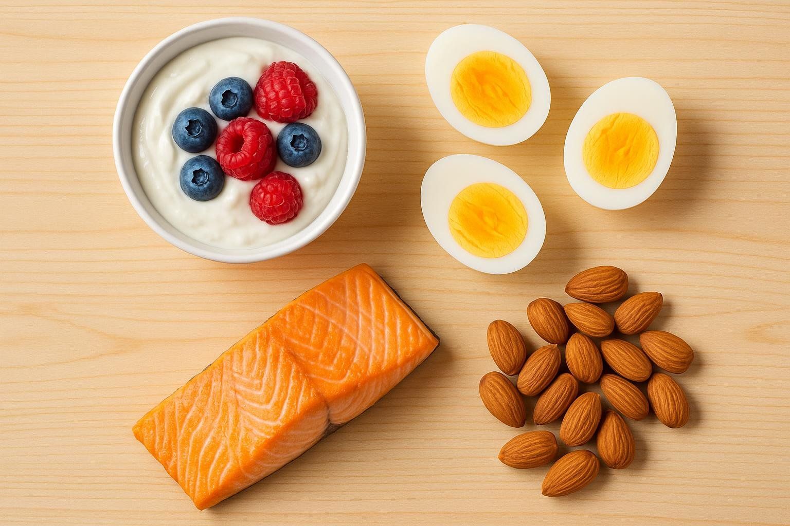 A flat lay of various protein-rich foods on a wooden surface: a bowl of Greek yogurt with blueberries and raspberries, three halved hard-boiled eggs, a piece of cooked salmon, and a pile of almonds. These foods are good for muscle growth.