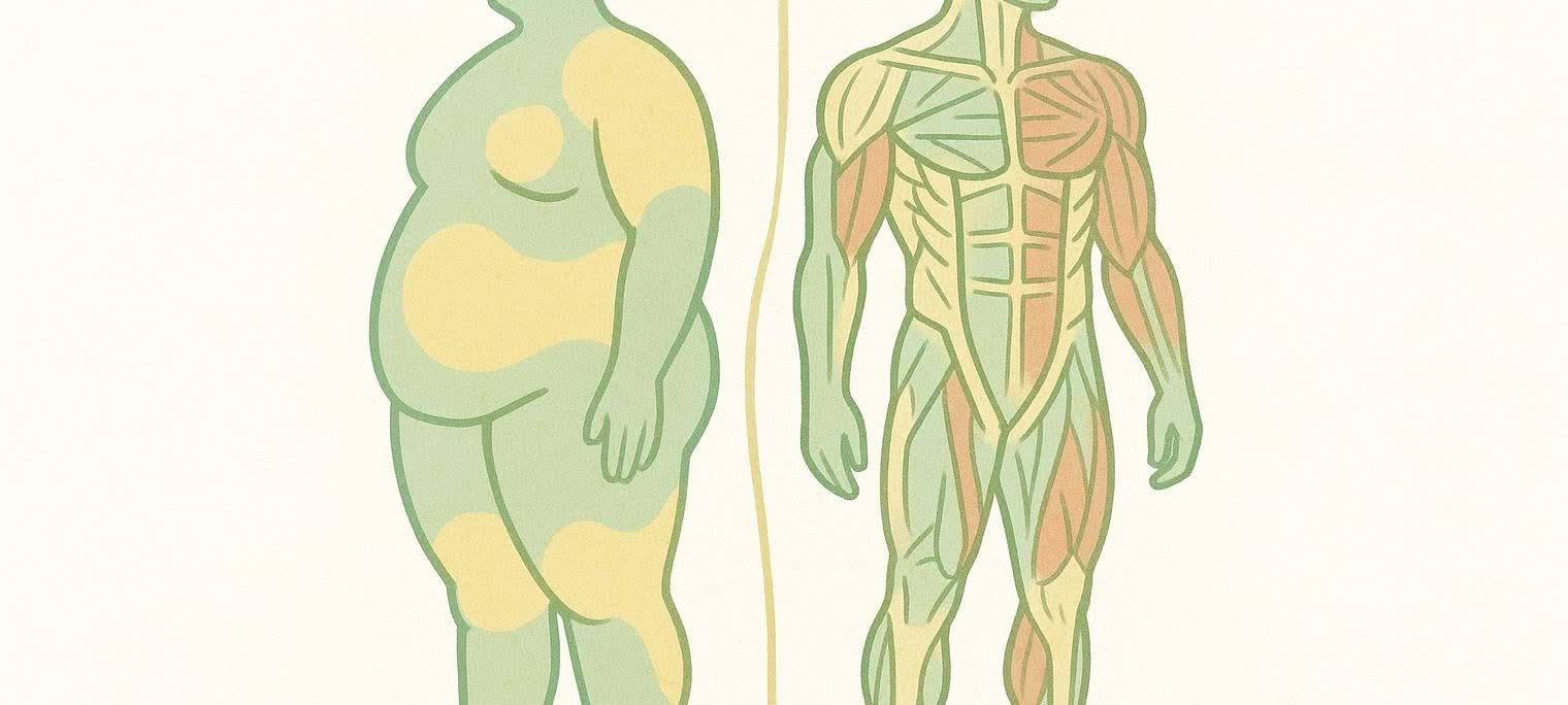 An abstract illustration depicting body recomposition, showing a person with high body fat on one side and a person with significant muscle mass on the other. Colors are primarily green, yellow, and red to highlight fat and muscle distribution.