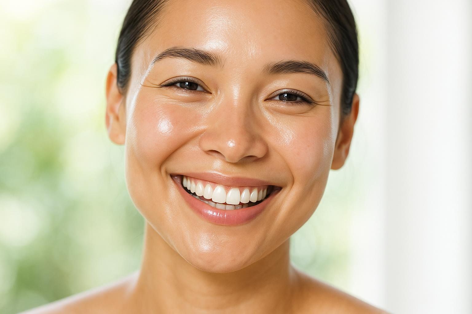 Close-up of a smiling woman with clear, radiant skin and bright eyes, suggesting health and happiness.