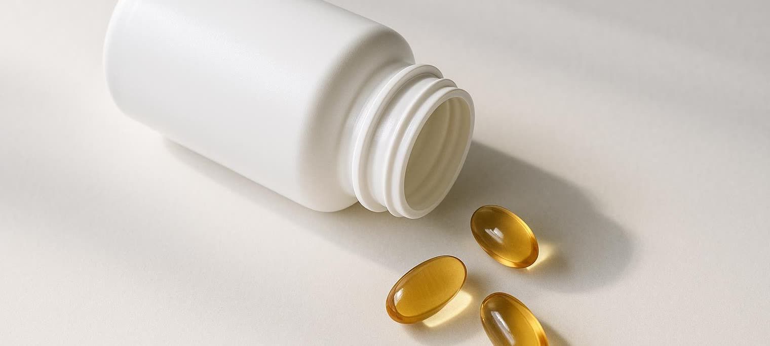 A white, generic supplement bottle lying on its side, with three golden CLA capsules spilled out onto a light-colored surface.