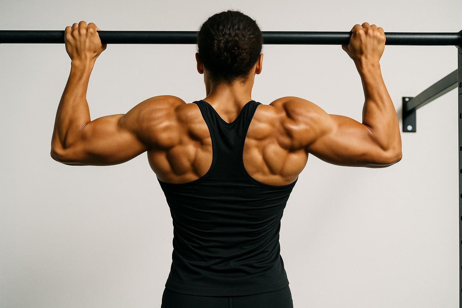 Rear view of a person performing a chin-up, showcasing well-defined back and arm muscles. The person is wearing a black tank top.