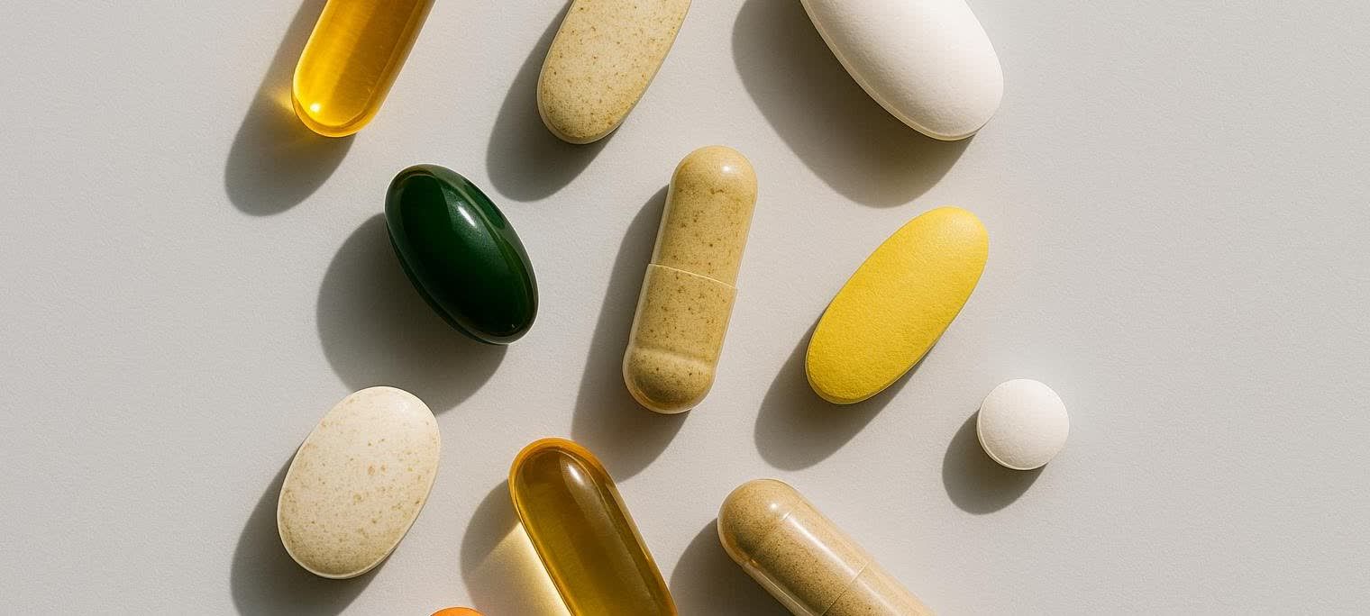 An artistic overhead photo of various supplement pills including yellow, green, and white capsules and tablets, arranged neatly on a neutral background, representing evidence-based supplementation for PCOS.