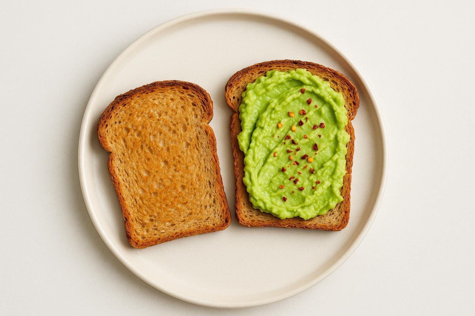 One slice of whole-grain toast topped with mashed avocado and red pepper flakes, placed next to a plain slice of whole-grain toast, both on a white plate.