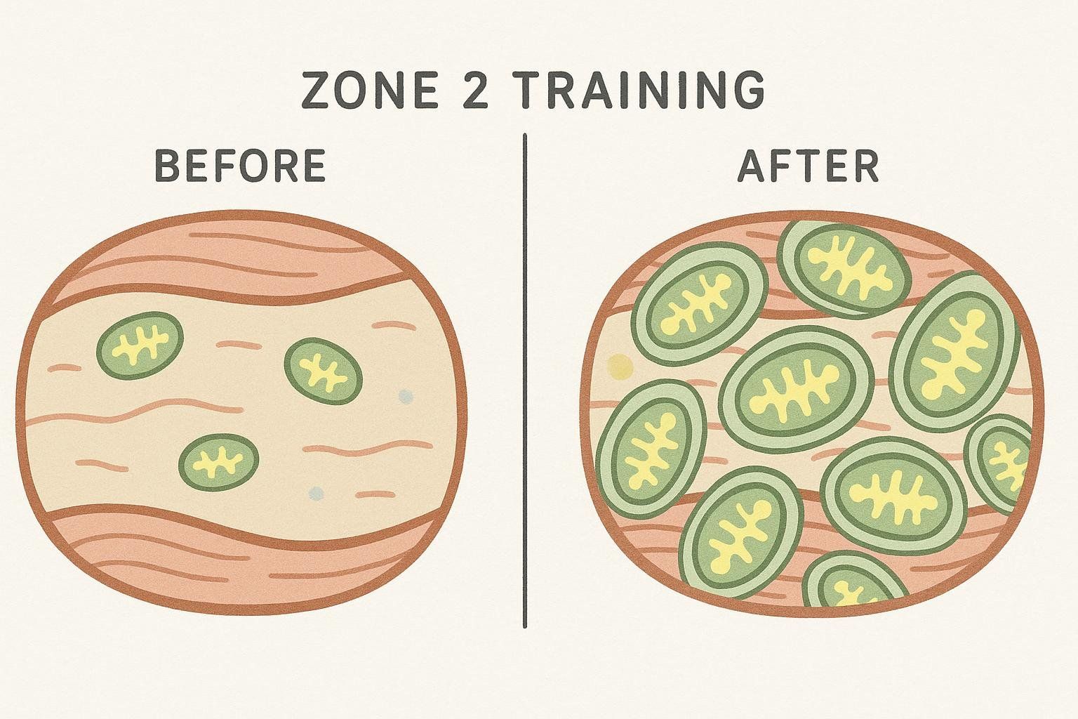 A stylized diagram illustrating a muscle cell 'before' and 'after' zone 2 training. The 'before' cell shows sparse mitochondria, while the 'after' cell is densely packed with mitochondria, indicating positive adaptations.