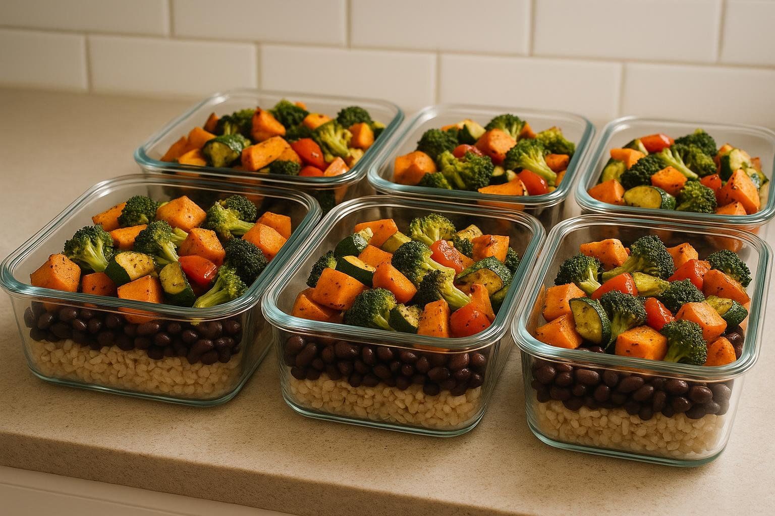 Six clear glass meal prep containers arranged on a kitchen counter. Each container holds layers of light-colored grains, black beans, and a colorful mix of roasted vegetables including broccoli, diced sweet potatoes, zucchini, and cherry tomatoes.