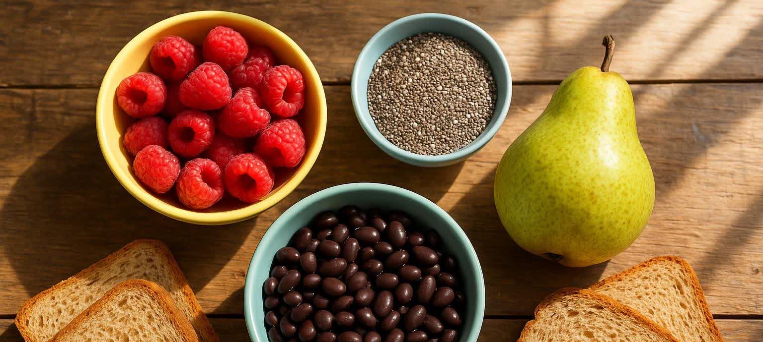 An overhead shot of various high-fiber foods arranged on a wooden table. From top left, a yellow bowl of red raspberries, a light blue bowl of chia seeds, a red-orange Anjou pear, two slices of whole-wheat bread, and a turquoise bowl of black beans.
