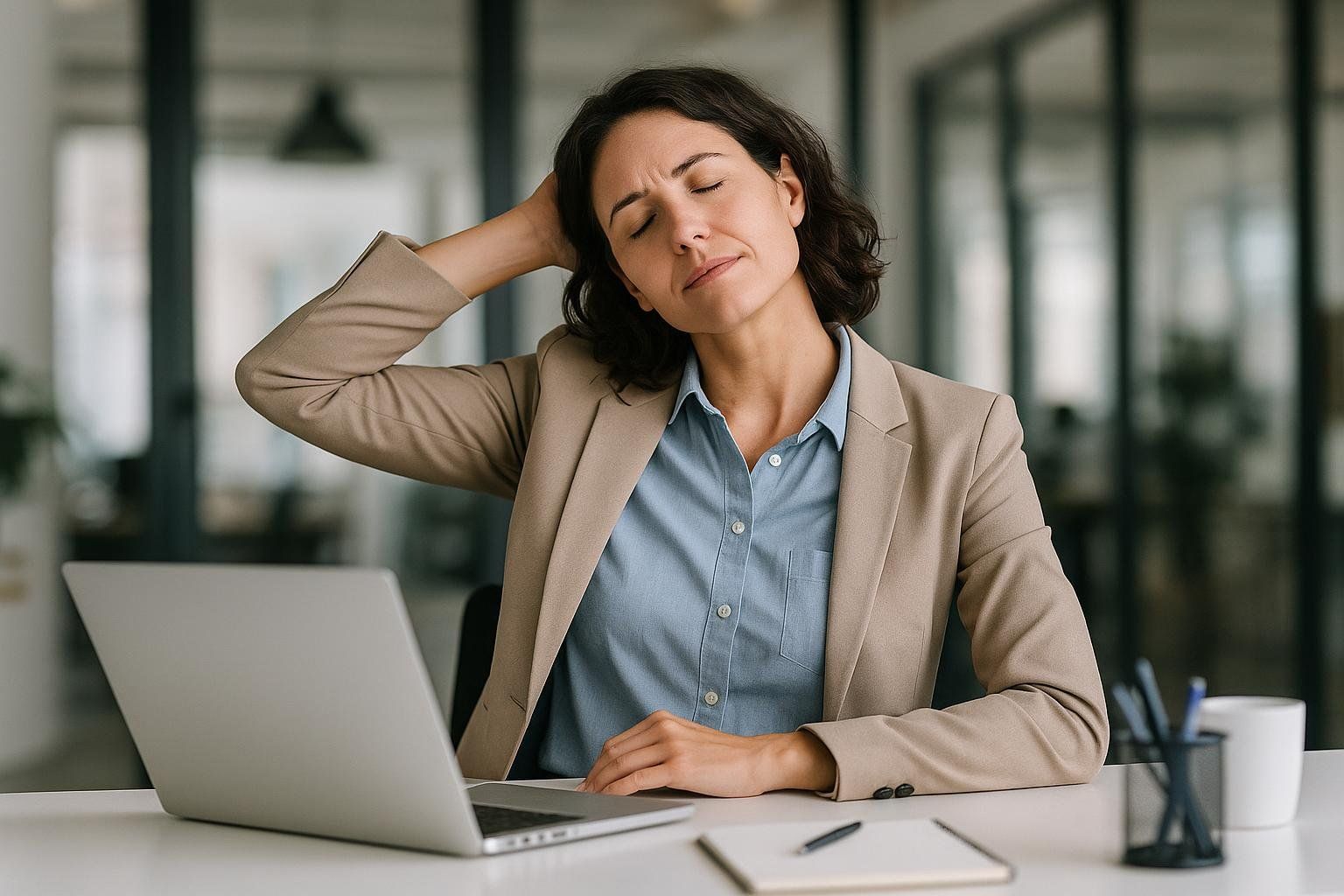 An office worker takes a short break at their desk to do a gentle neck stretch, with eyes closed as if relaxing.