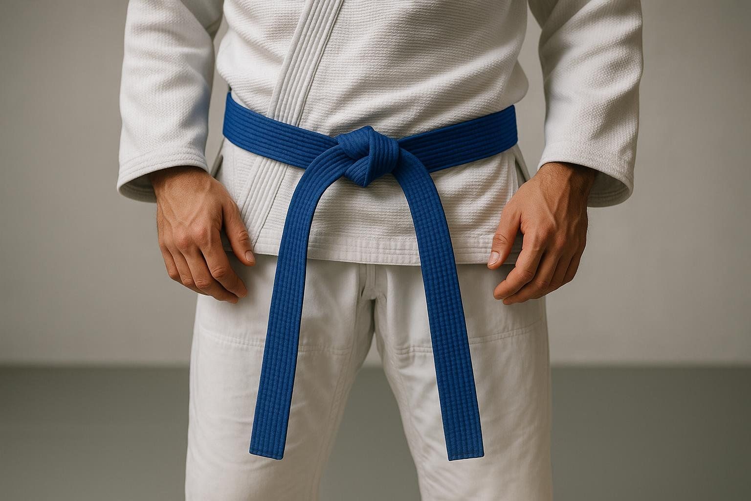 A correctly tied blue BJJ belt on a person wearing a gi. The belt is tied in a square knot with even tails.
