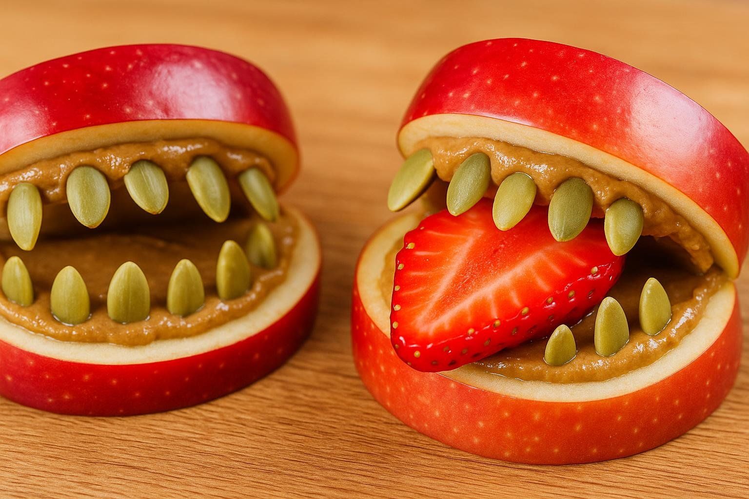 Close-up of two snack-sized 'monster mouths' made from apple slices, sunflower butter, and pumpkin seeds for teeth, with one holding a strawberry slice as a tongue.