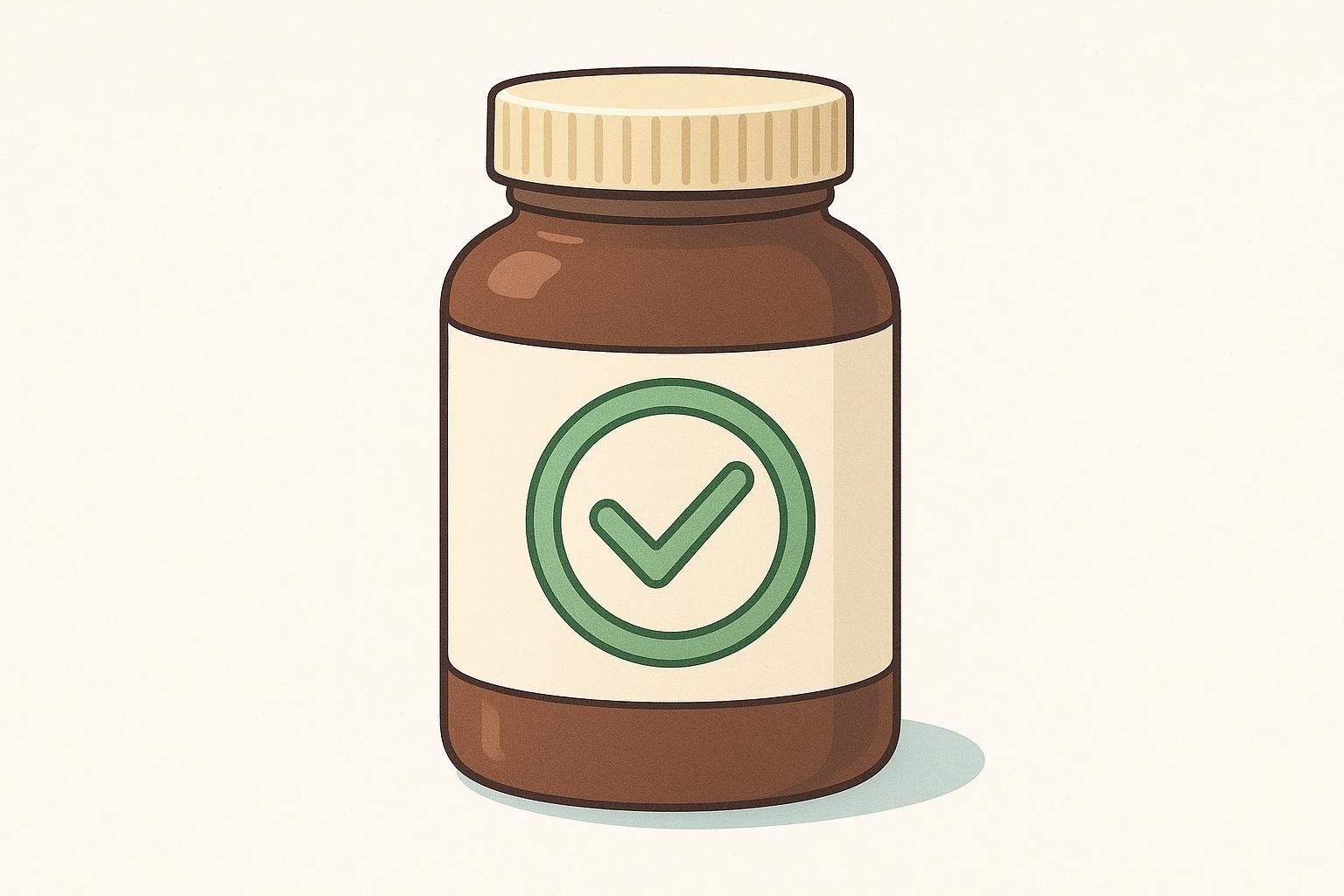 An illustration of a brown vitamin bottle with a beige label featuring a green circular seal containing a checkmark, symbolizing third-party certification or approval.