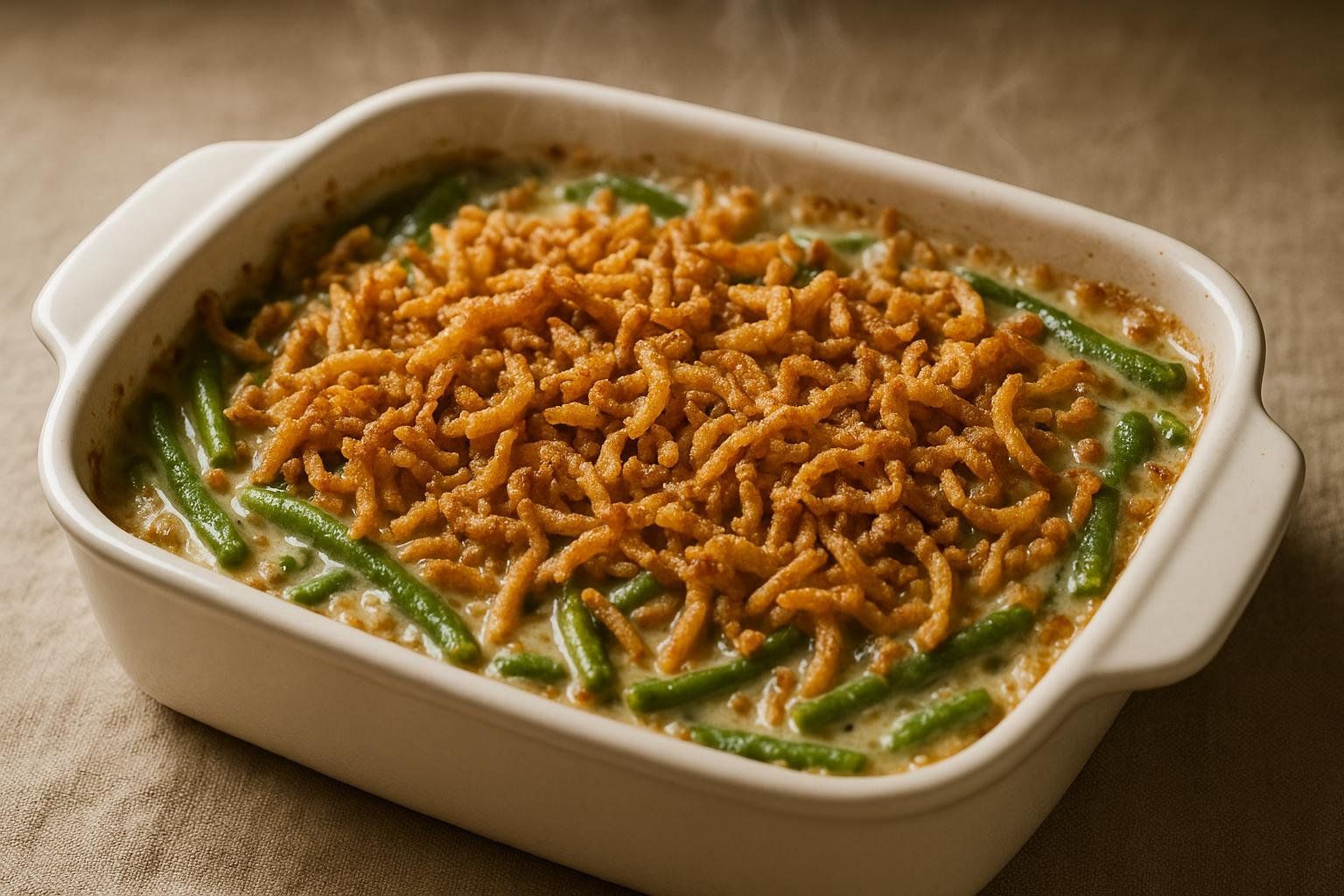 A hot, bubbly green bean casserole in a white baking dish, topped with a generous amount of crispy fried onions. Steam rises faintly from the casserole, suggesting it's fresh from the oven.
