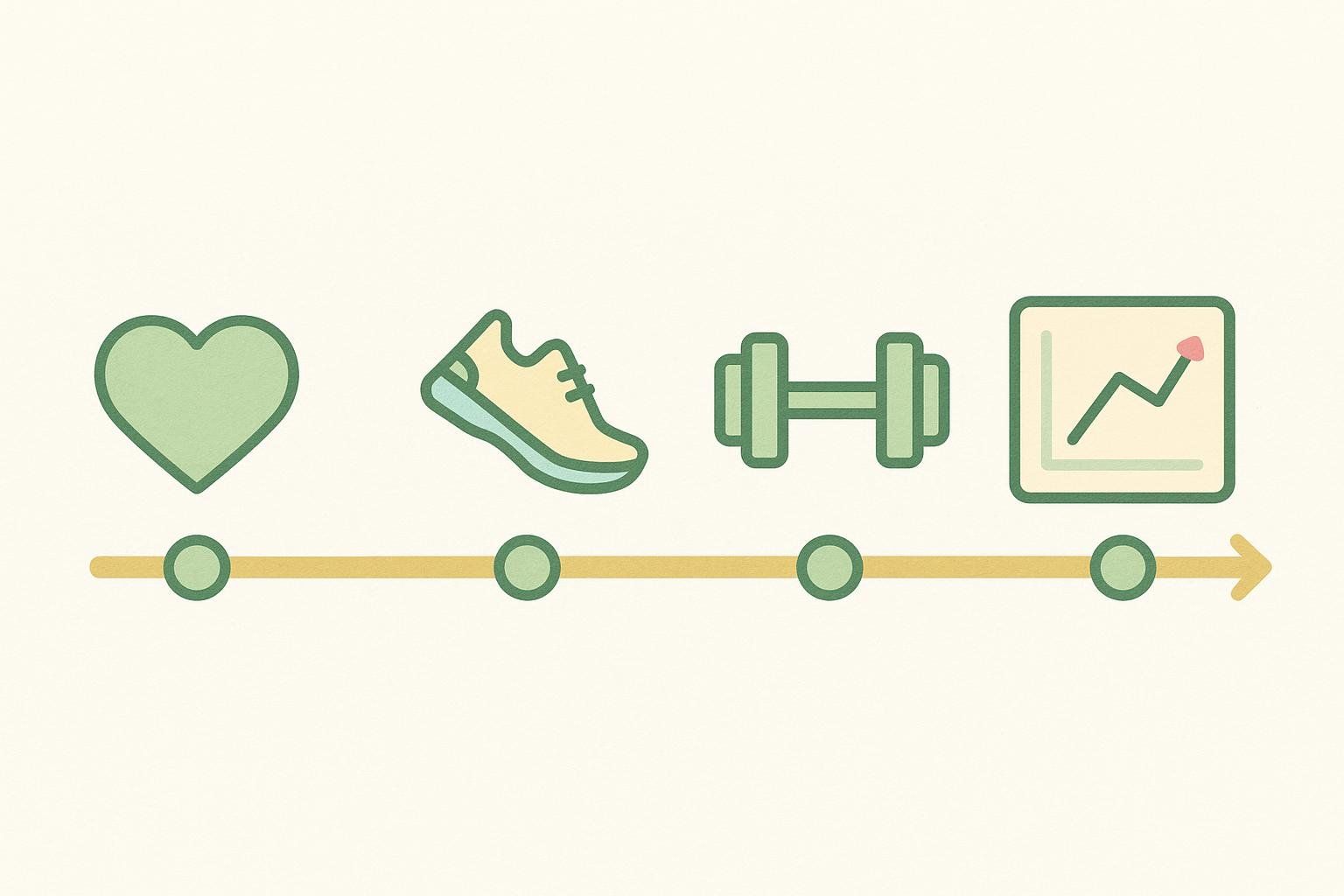 A four-phase timeline for postpartum weight loss, using icons to show key milestones from initial recovery (heart icon) to building workout consistency and tracking progress (graph icon) over 12 months.