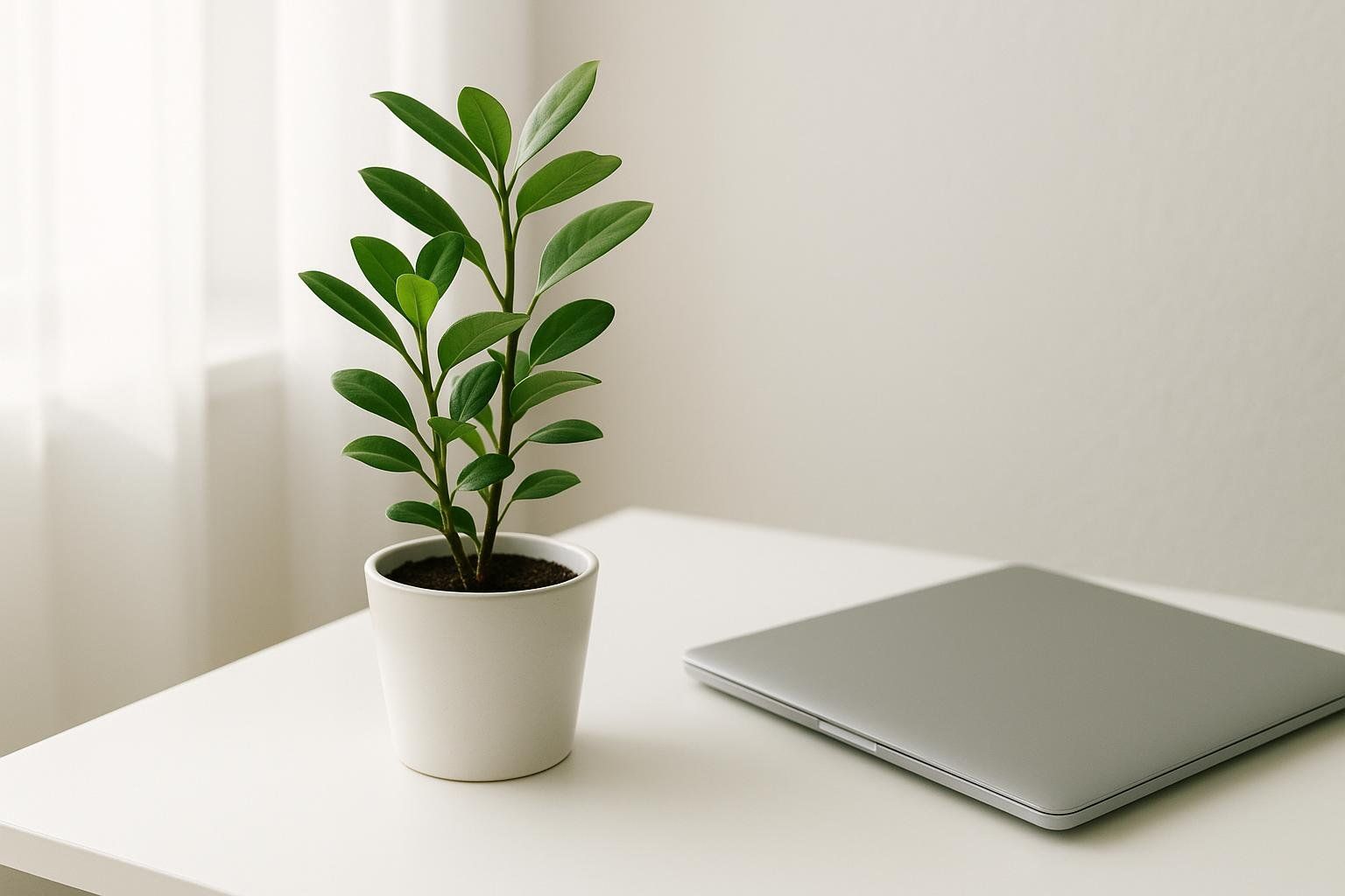 A small potted green plant sits on a clean, white desk next to a closed silver laptop, with a blurred white curtain in the background.
