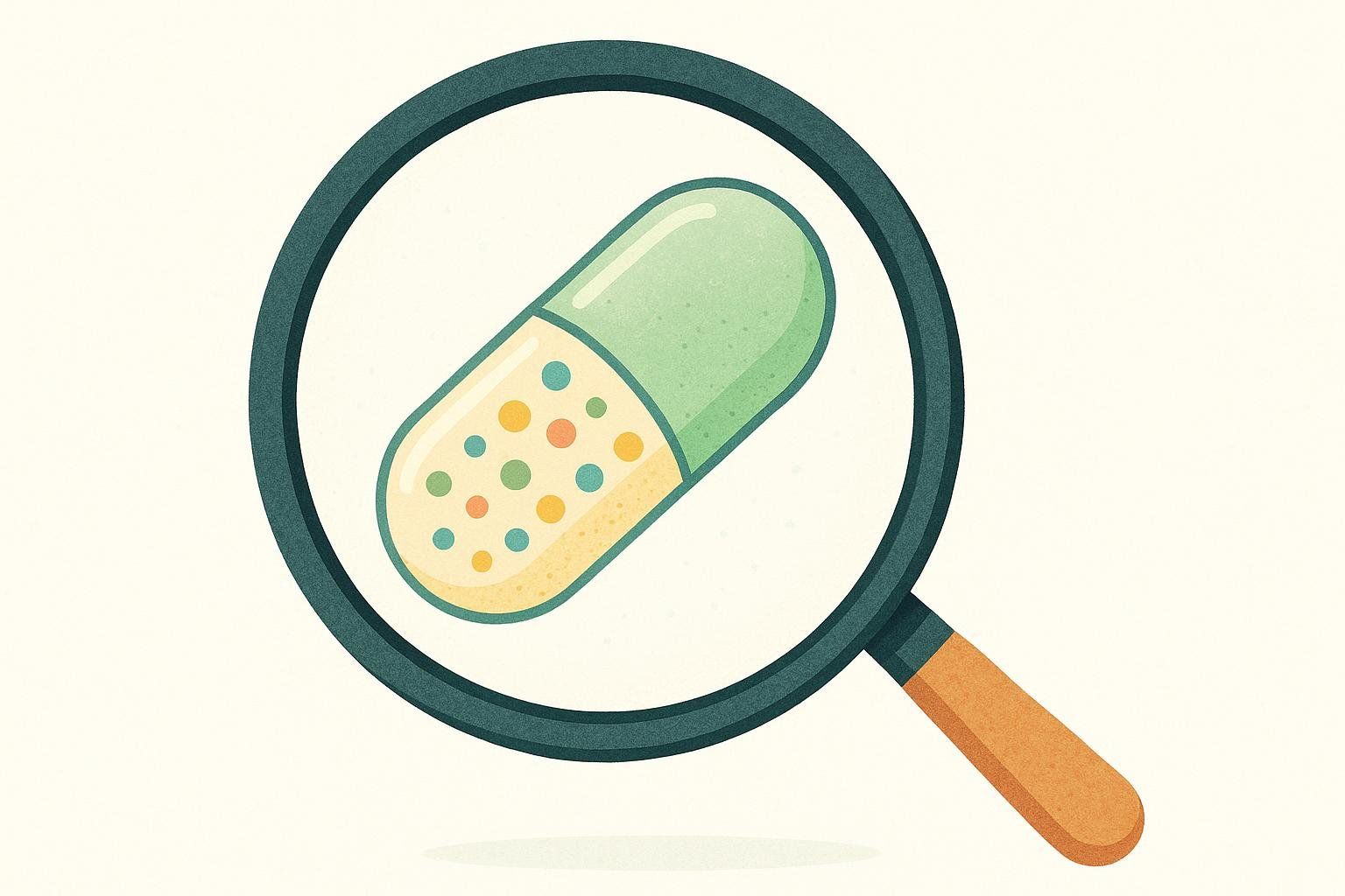 An illustration of a magnifying glass highlighting the different colored strains within a probiotic capsule, emphasizing the importance of strain specificity.