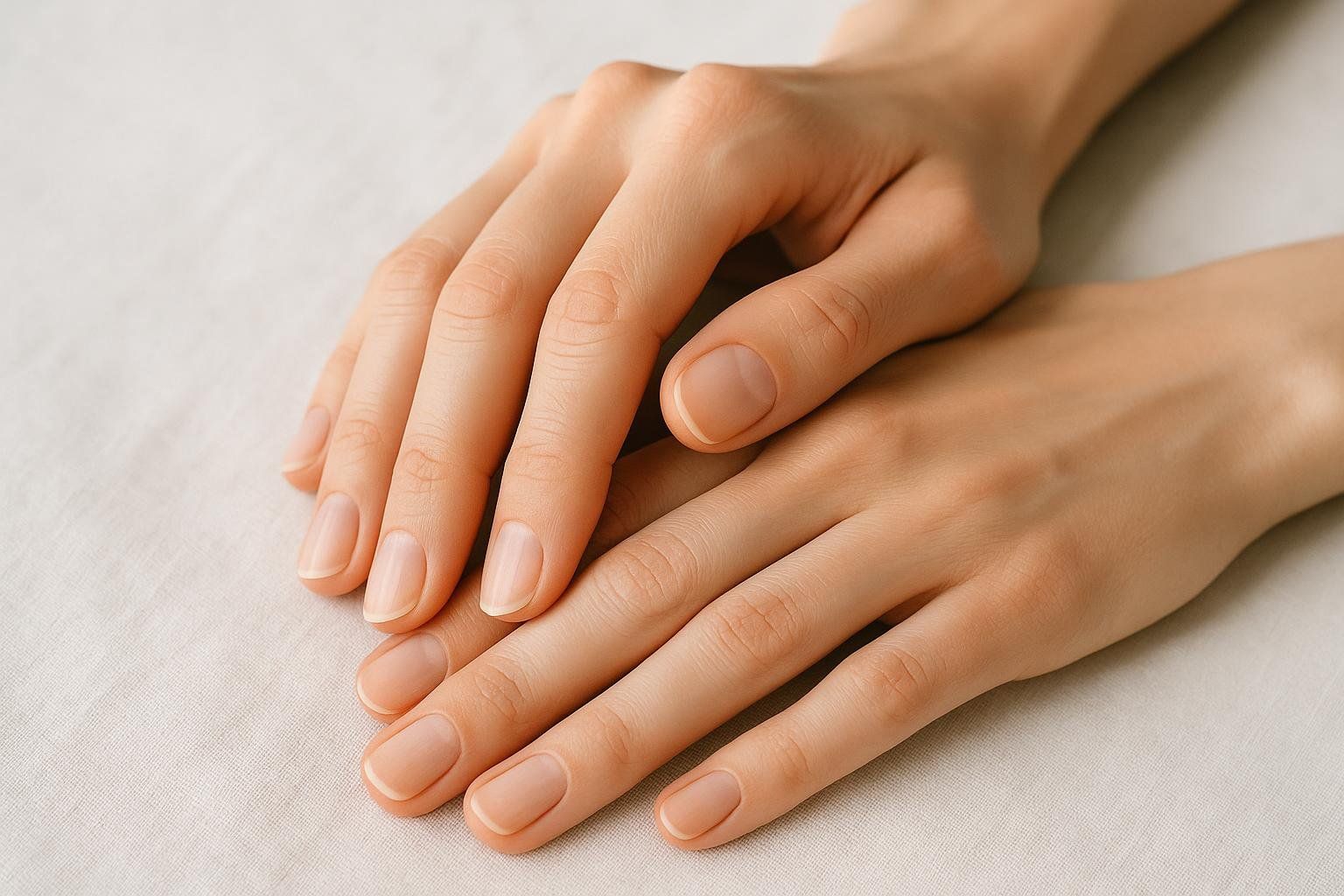 A close-up of two hands with strong, natural, and healthy nails, showing uniform length and color against a light-colored fabric background.
