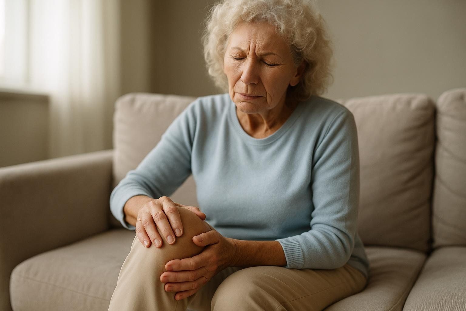 An older woman with curly blonde hair and a light blue sweater sits on a couch, intently massaging her knee with both hands, her eyes closed and face showing discomfort, illustrating common joint pain.