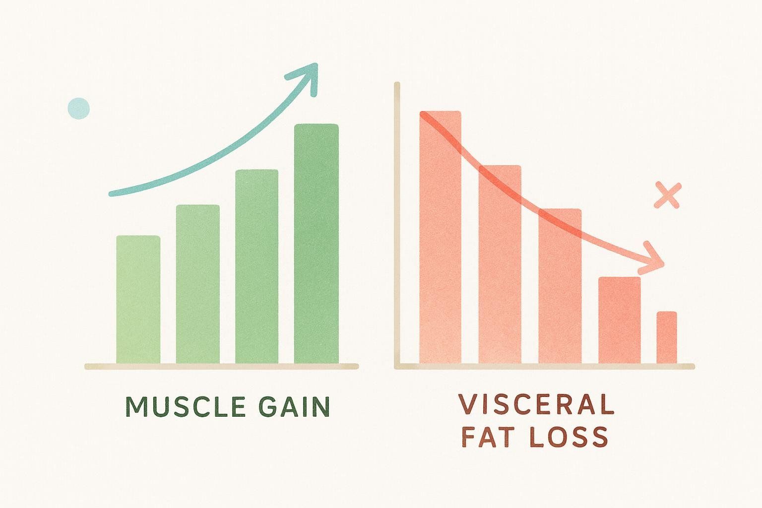 Illustration of bar charts showing positive muscle gain and negative visceral fat loss trends, symbolizing data motivation.