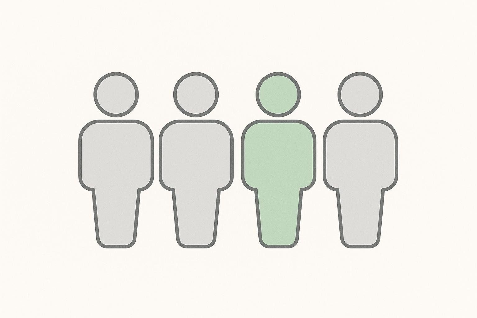 An illustration of four grey human figures, with one of them highlighted in green, representing a one-in-four statistic or fact.