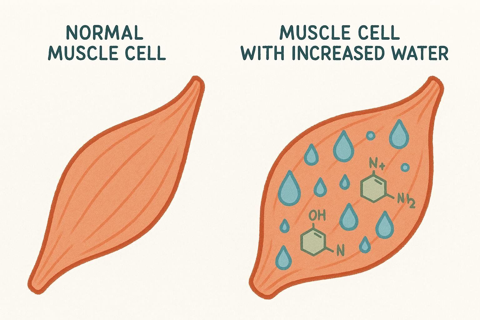 Illustration showing the difference between a normal muscle cell and a muscle cell with increased water and containing molecules with chemical formulas N+, NH2, OH, and N.