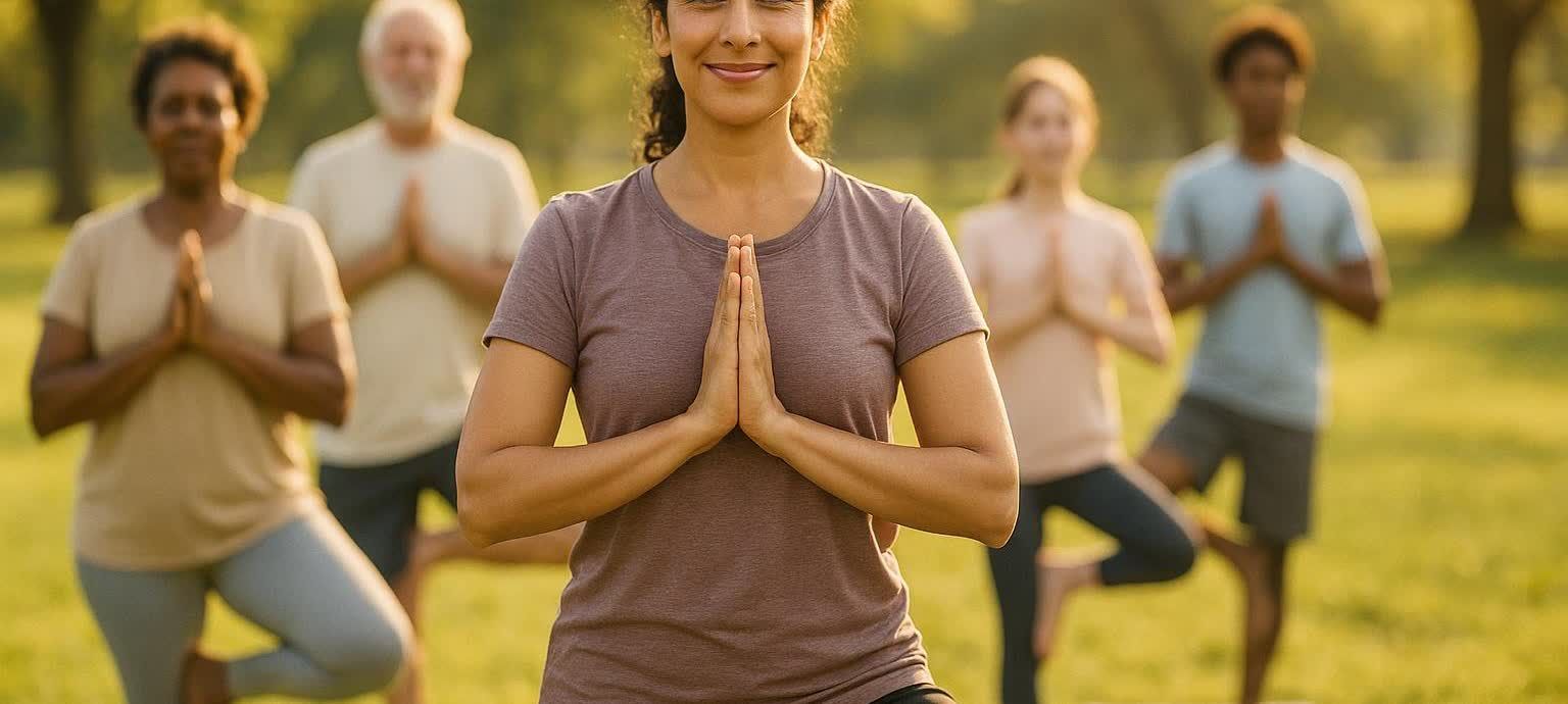 A diverse group of people, including a woman in the foreground smiling, hold a yoga tree pose with hands pressed together in a sunny outdoor setting, likely a park.