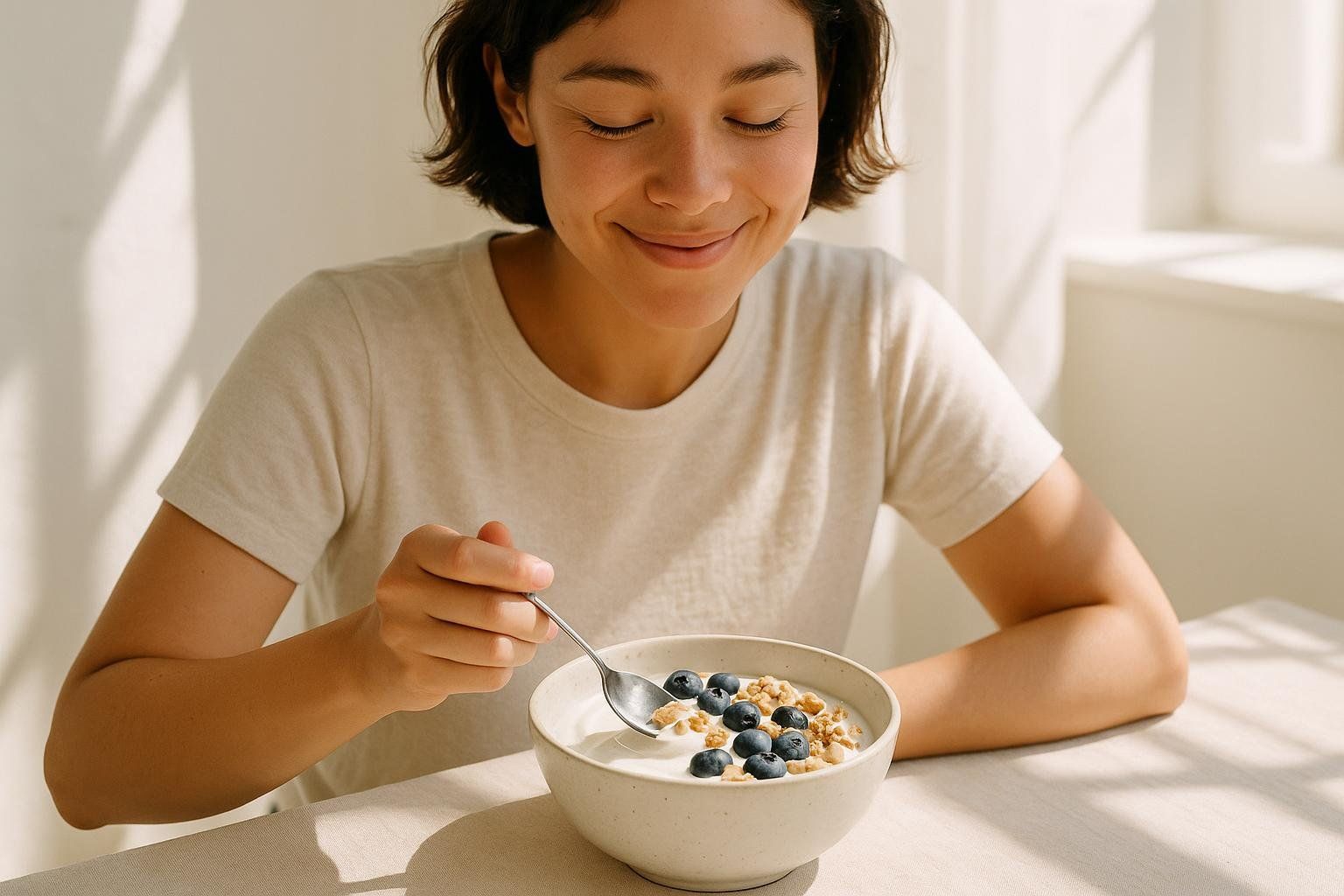 A woman with short dark hair smiles with her eyes closed, happily enjoying a bowl of yogurt topped with blueberries and granola in a sunlit room.