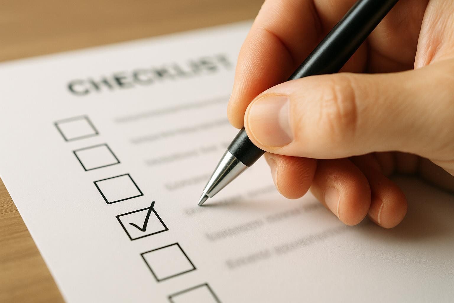 Close-up of a hand holding a pen and checking a box on a paper checklist.