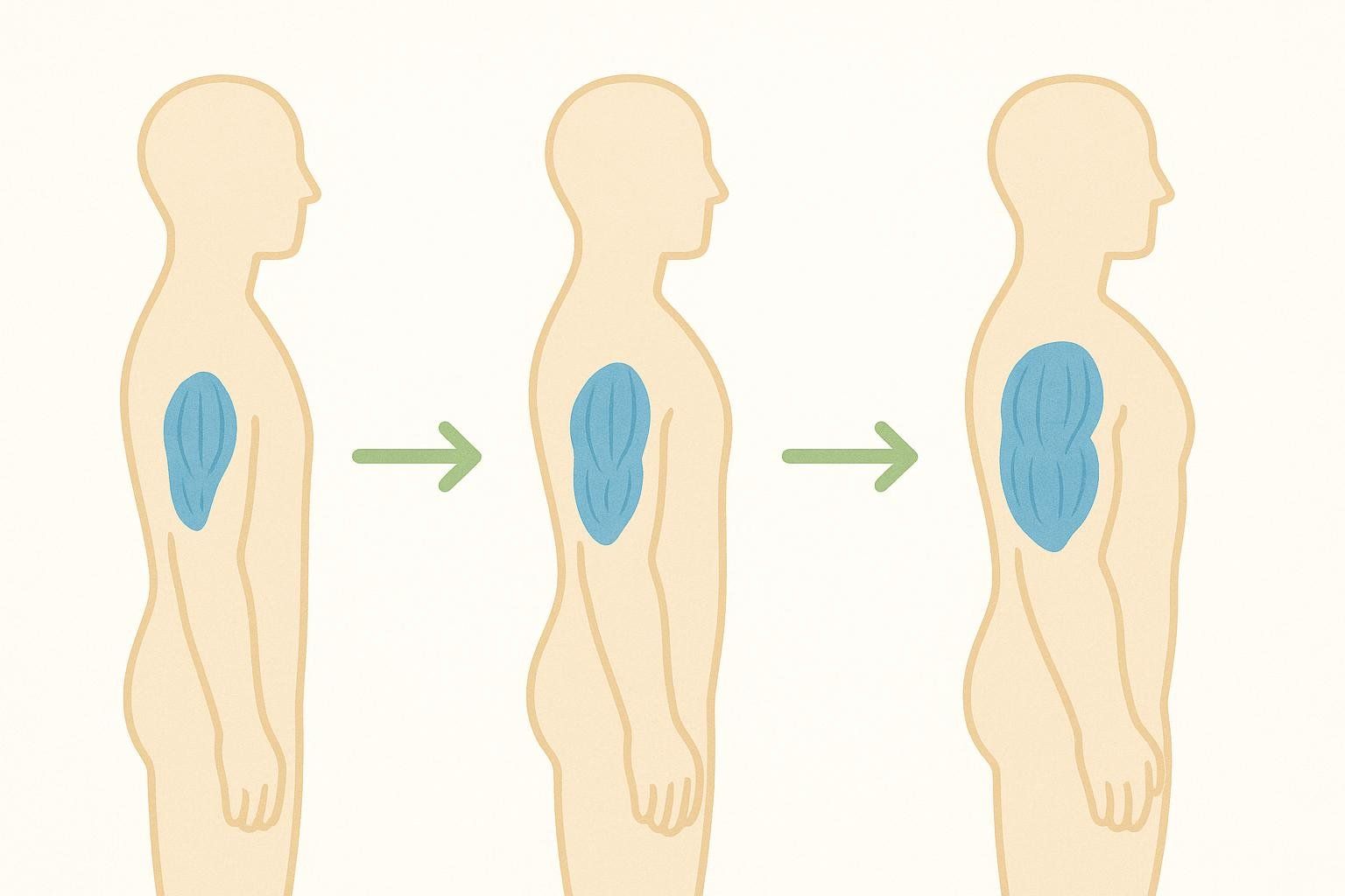An illustration showing three side profiles of a human torso, from left to right, indicating increasing muscle mass in the tricep and latissimus dorsi areas, represented by growing blue shapes. Green arrows between each figure suggest progression over time.