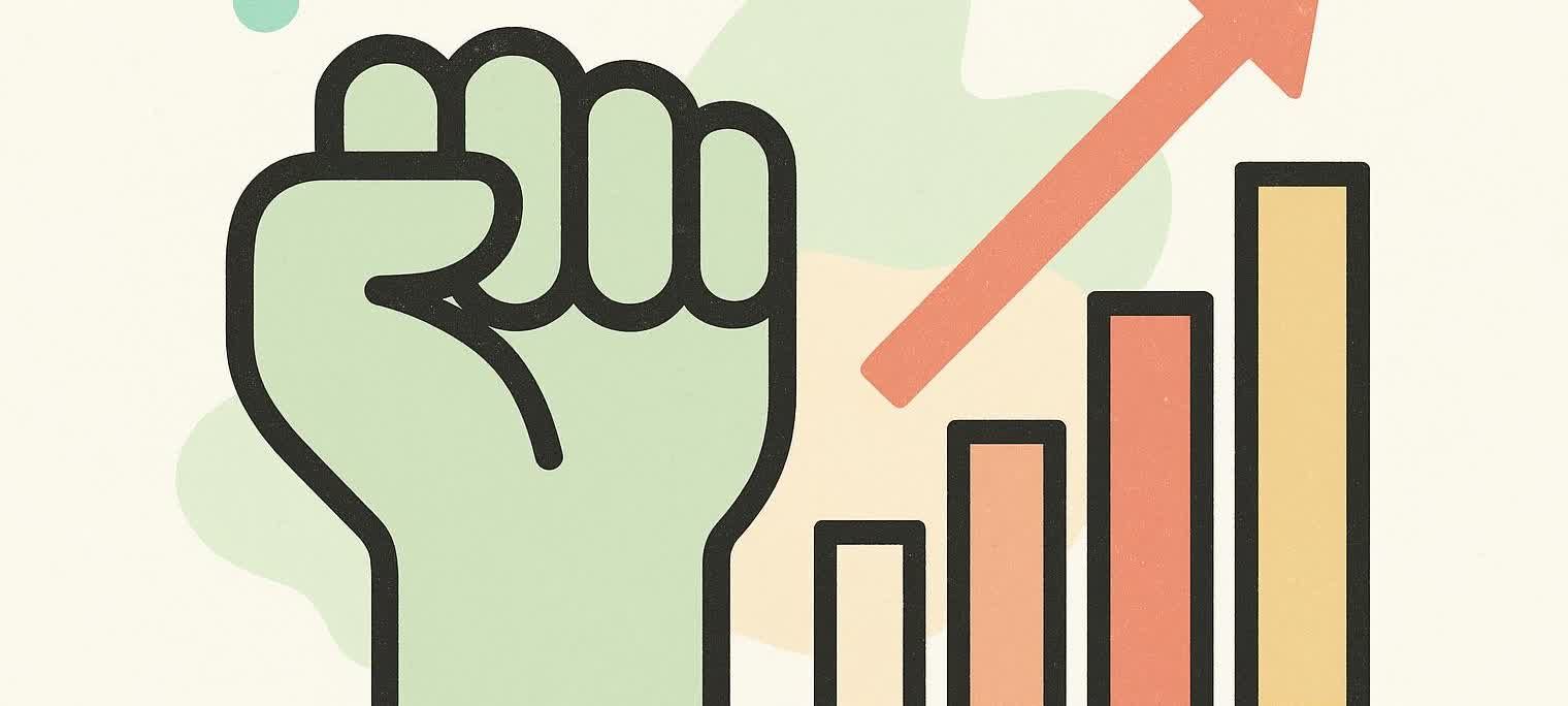 A modern illustration featuring a light green stylized fist icon on the left, next to a bar graph with three bars of increasing height (orange, yellow, orange), topped by a red upward-pointing arrow. The background has subtle, organic shapes in light green and peach.