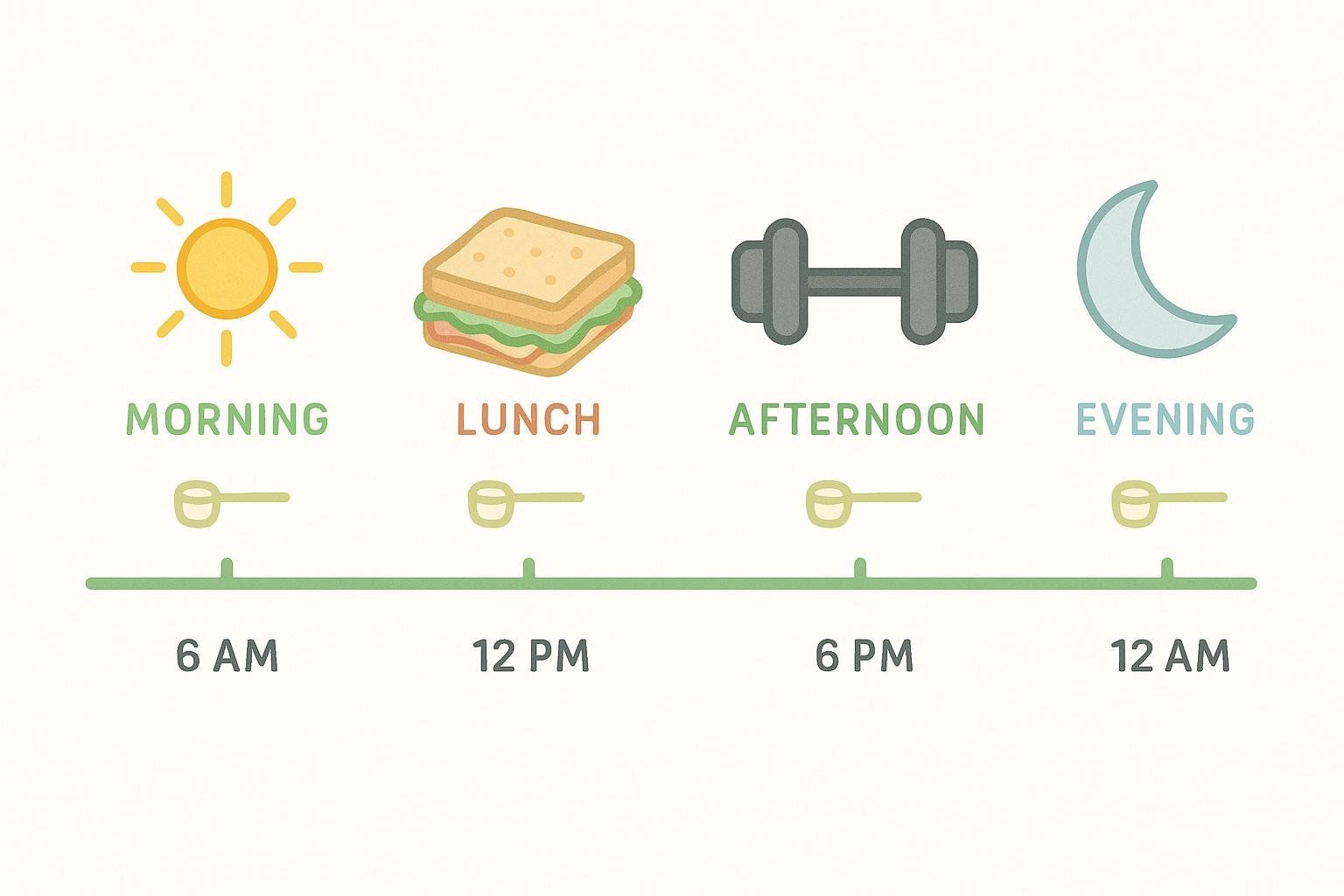 A schedule graphic showing four icons representing morning (sun), lunch (sandwich), afternoon (dumbbell), and evening (moon). Each icon is paired with a scoop icon indicating a creatine dose, and timestamps 6 AM, 12 PM, 6 PM, and 12 AM are listed below.