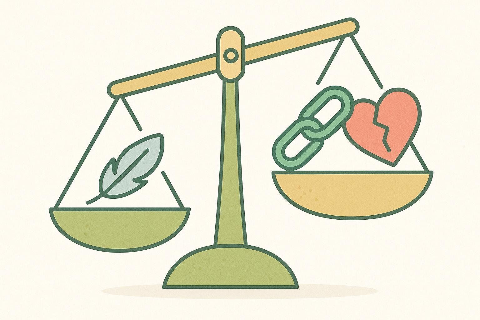 An unbalanced scale illustration where a light feather is on the left, high side, and a heavy chain link and broken heart are on the right, low side, symbolizing that the risks of nicotine outweigh its potential benefits.