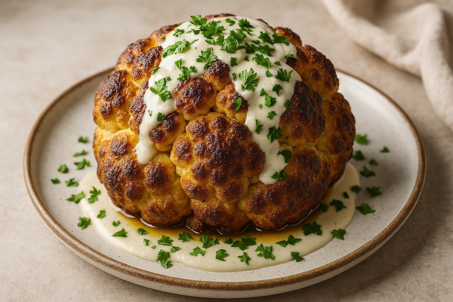 A whole roasted cauliflower, golden brown and slightly charred, drizzled with a creamy white tahini sauce and garnished with fresh green parsley. The cauliflower sits on a light-colored plate, with some of the sauce and dark drippings pooled at its base.