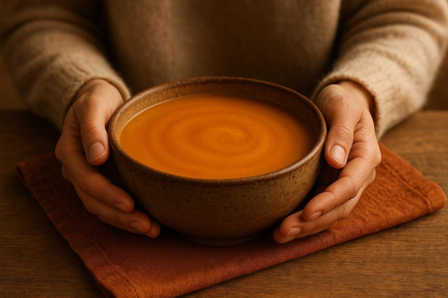 Hands holding a warm bowl of orange vegetable soup, resting on a rust-colored napkin. The focus is on the bowl, with the person wearing a light brown sweater in the background.