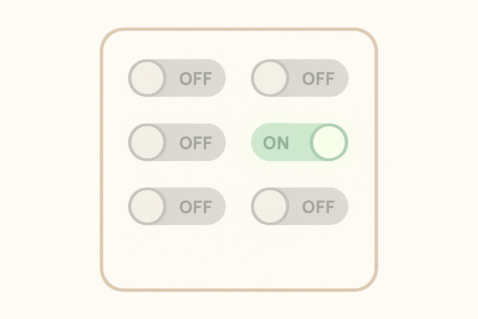 An illustration of six toggle switches arranged in two columns of three. Five of the switches are in the 'OFF' position, and one switch on the right side of the middle row is in the 'ON' position, highlighted in green. This image symbolizes changing only one variable at a time in an experiment.
