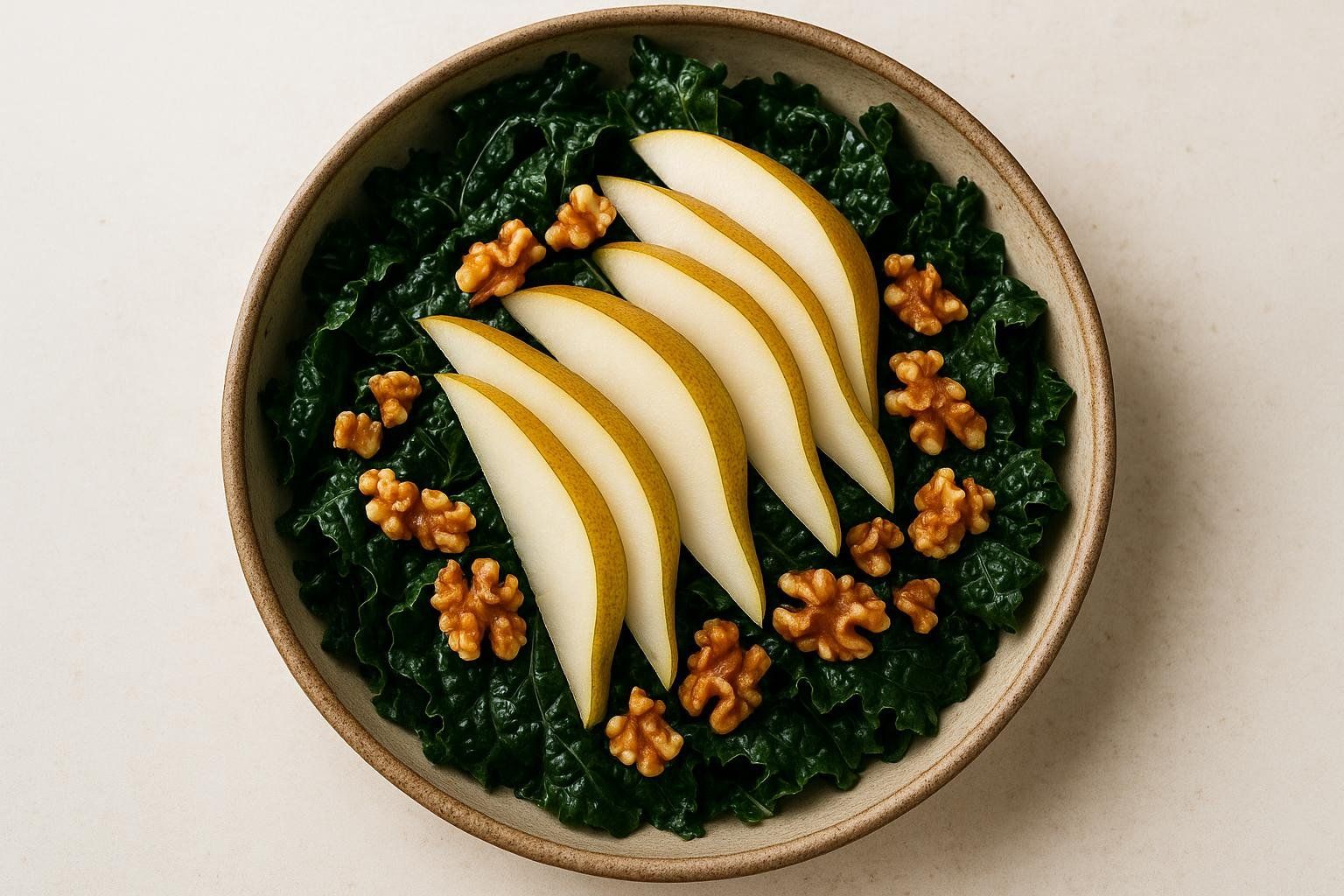 An overhead view of a kale salad beautifully arranged with sliced pears and whole walnuts.