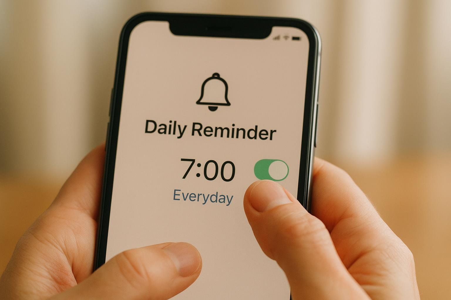 Hand setting a daily reminder alarm on a smartphone, emphasizing consistency.