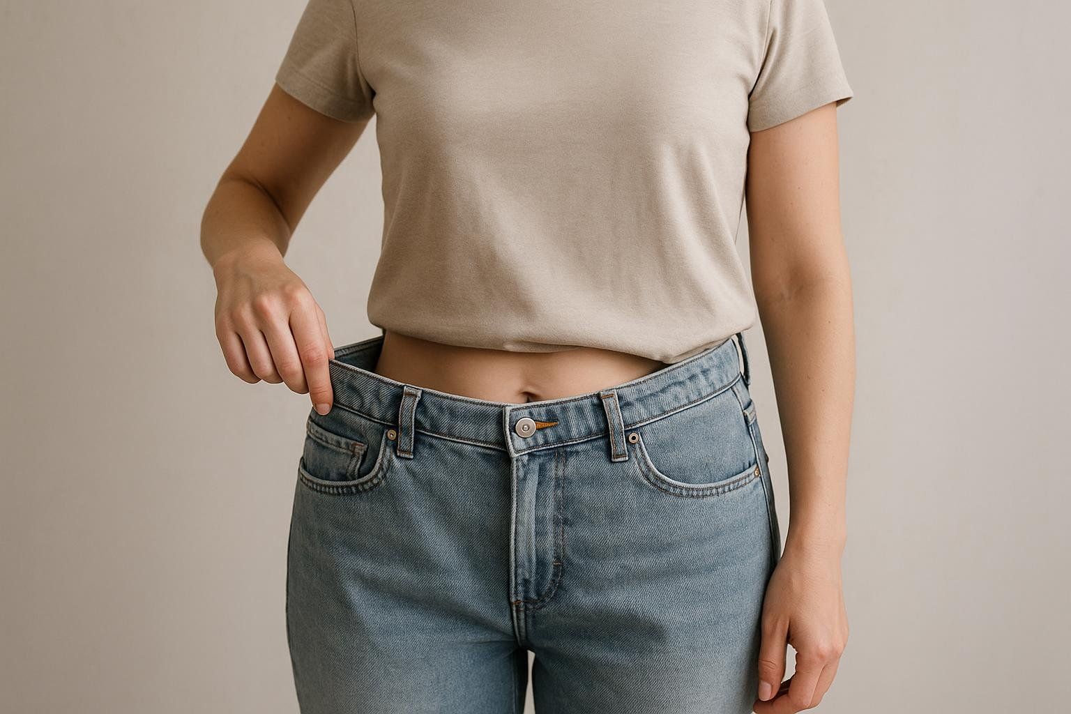 Woman showing loose waistband on jeans