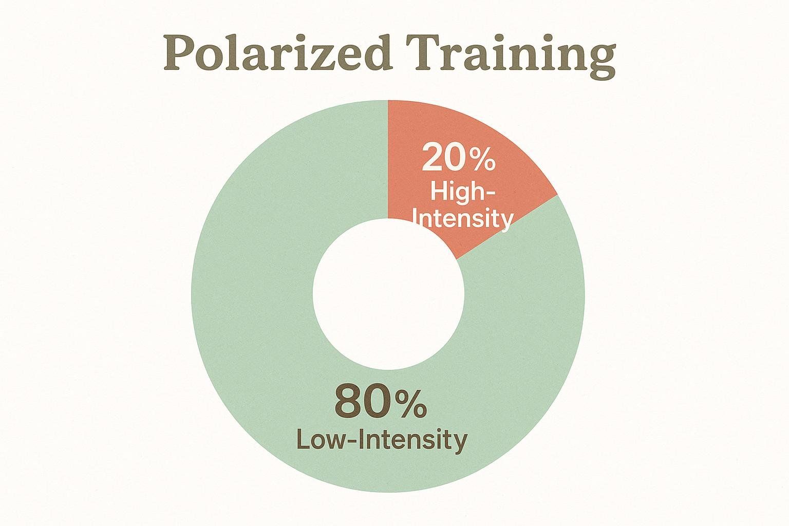 A donut chart illustrating the 80/20 polarized training model, with 80% low-intensity and 20% high-intensity work.