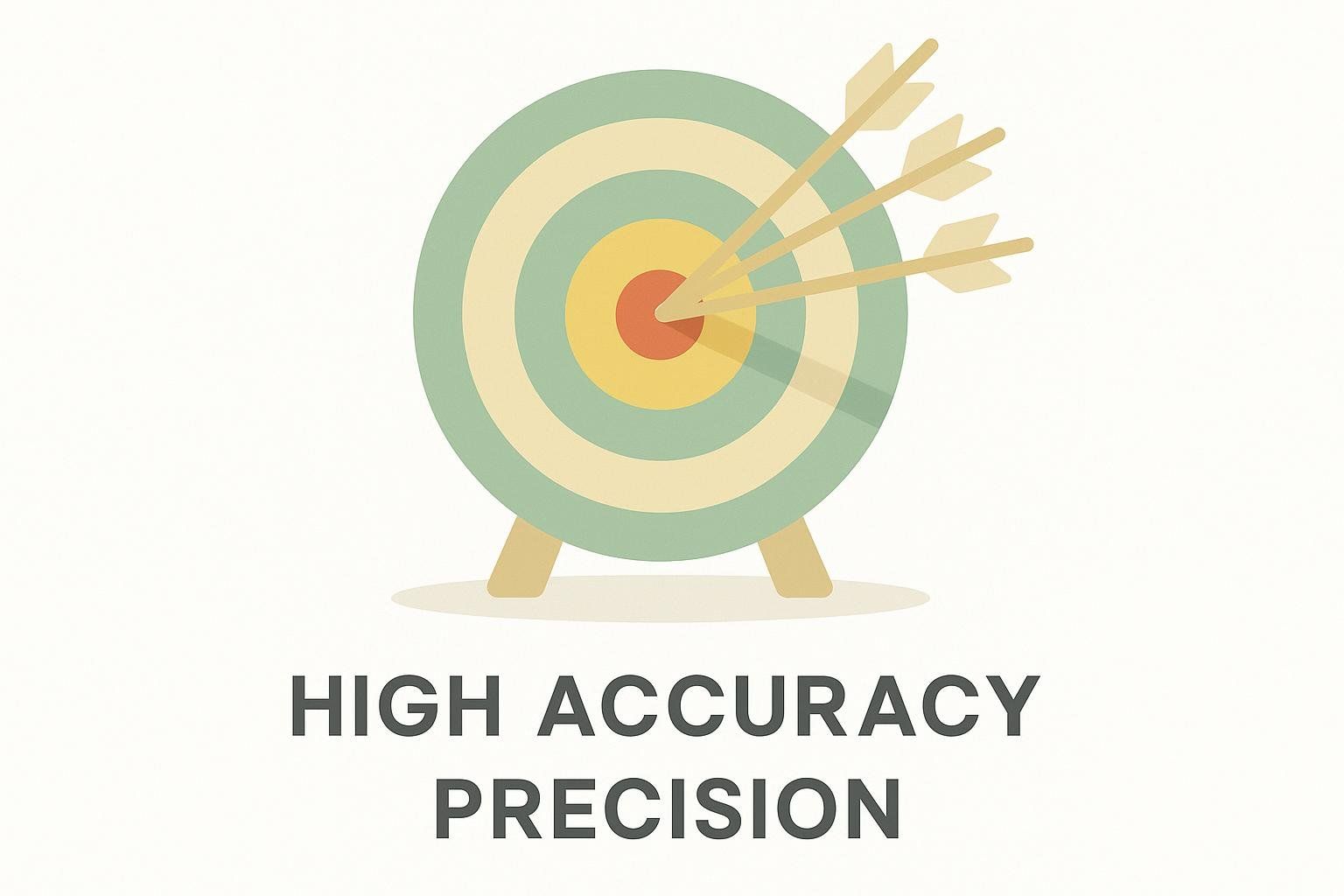 An infographic illustration featuring a target with three arrows all striking the bullseye. Below the target, the words 'HIGH ACCURACY PRECISION' are displayed.