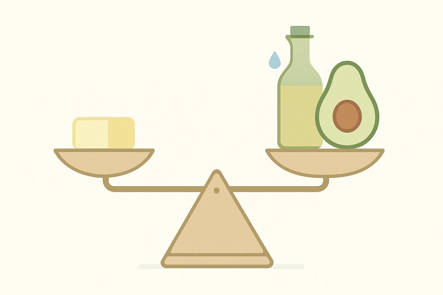 An illustration of a balance scale. On the left, a small block of butter represents saturated fat, causing that side of the scale to be higher. On the right, a bottle of olive oil and half an avocado represent unsaturated fats, making that side of the scale lower, signifying they are preferred or heavier.