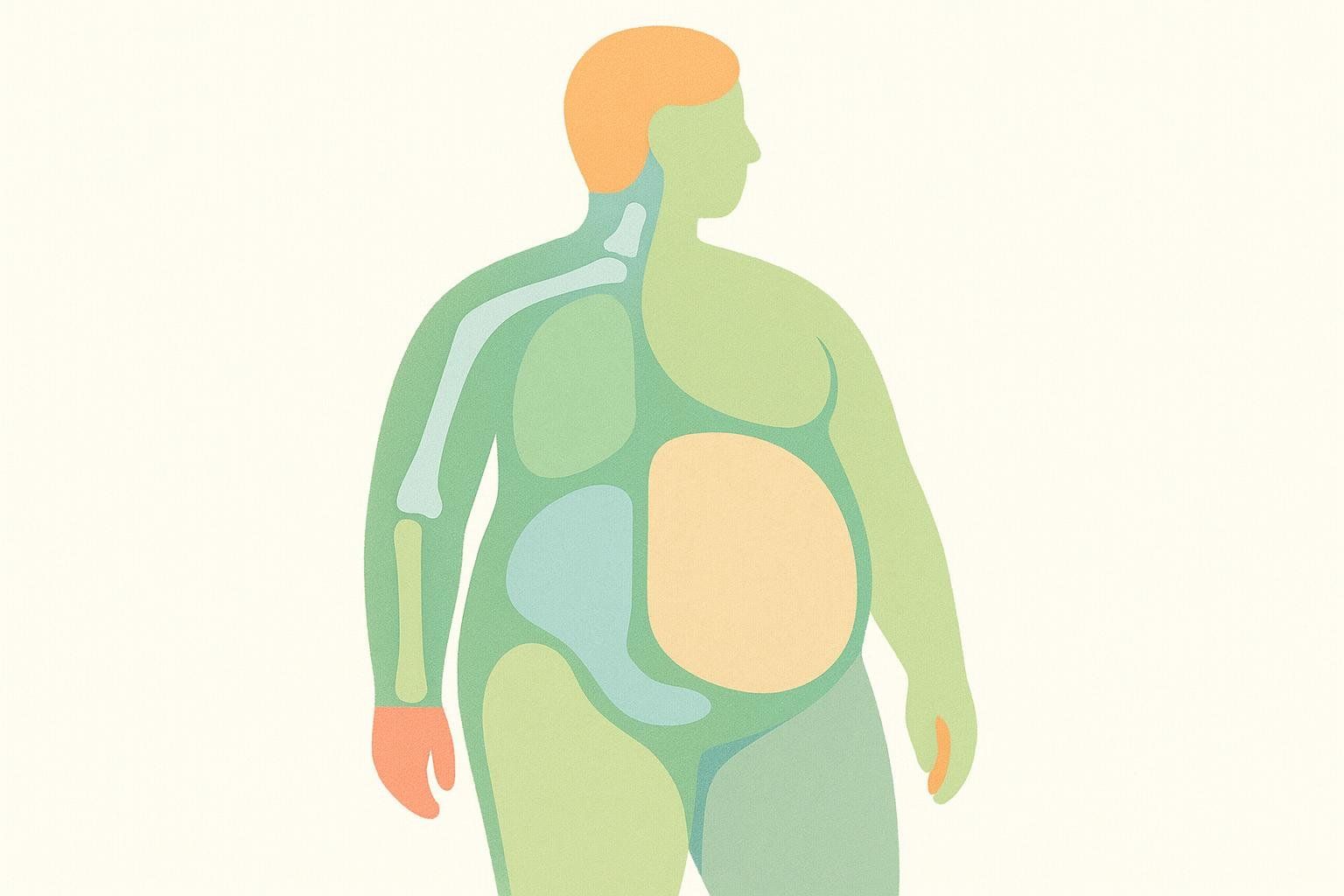 A stylized illustration of a human body showing different internal structures and fat distribution in muted colors, representing body composition.
