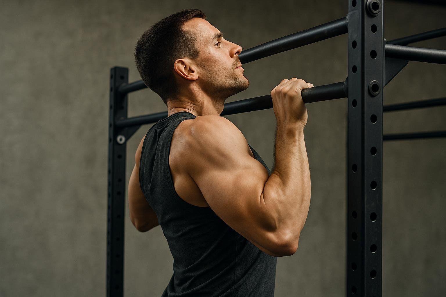 A man in a black tank top performing a pull-up with good form, his chest angled towards the bar and elbows pulled back.