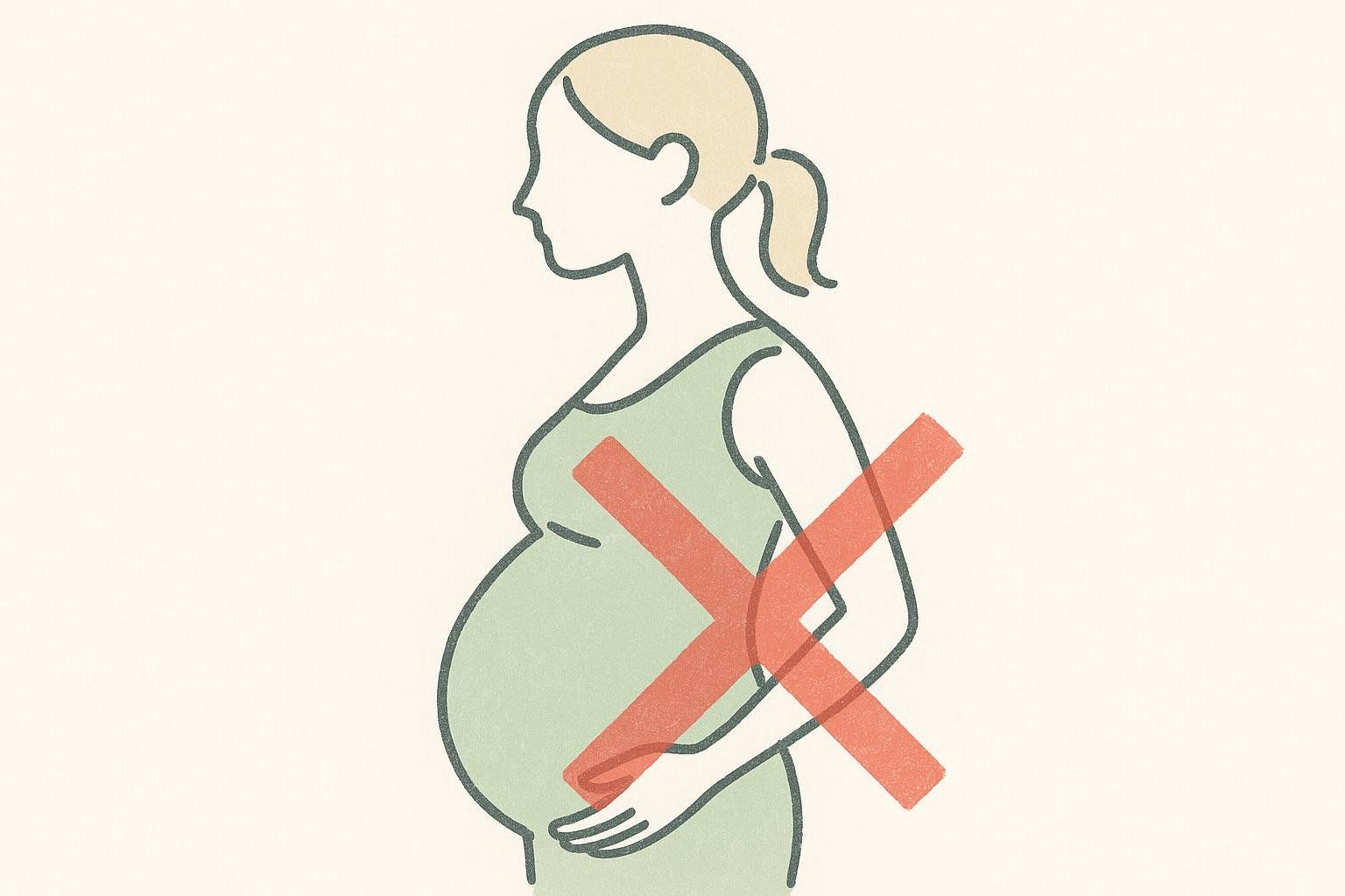 Illustration of a pregnant woman's silhouette with a large red X covering her, indicating that DEXA scans are not recommended during pregnancy.