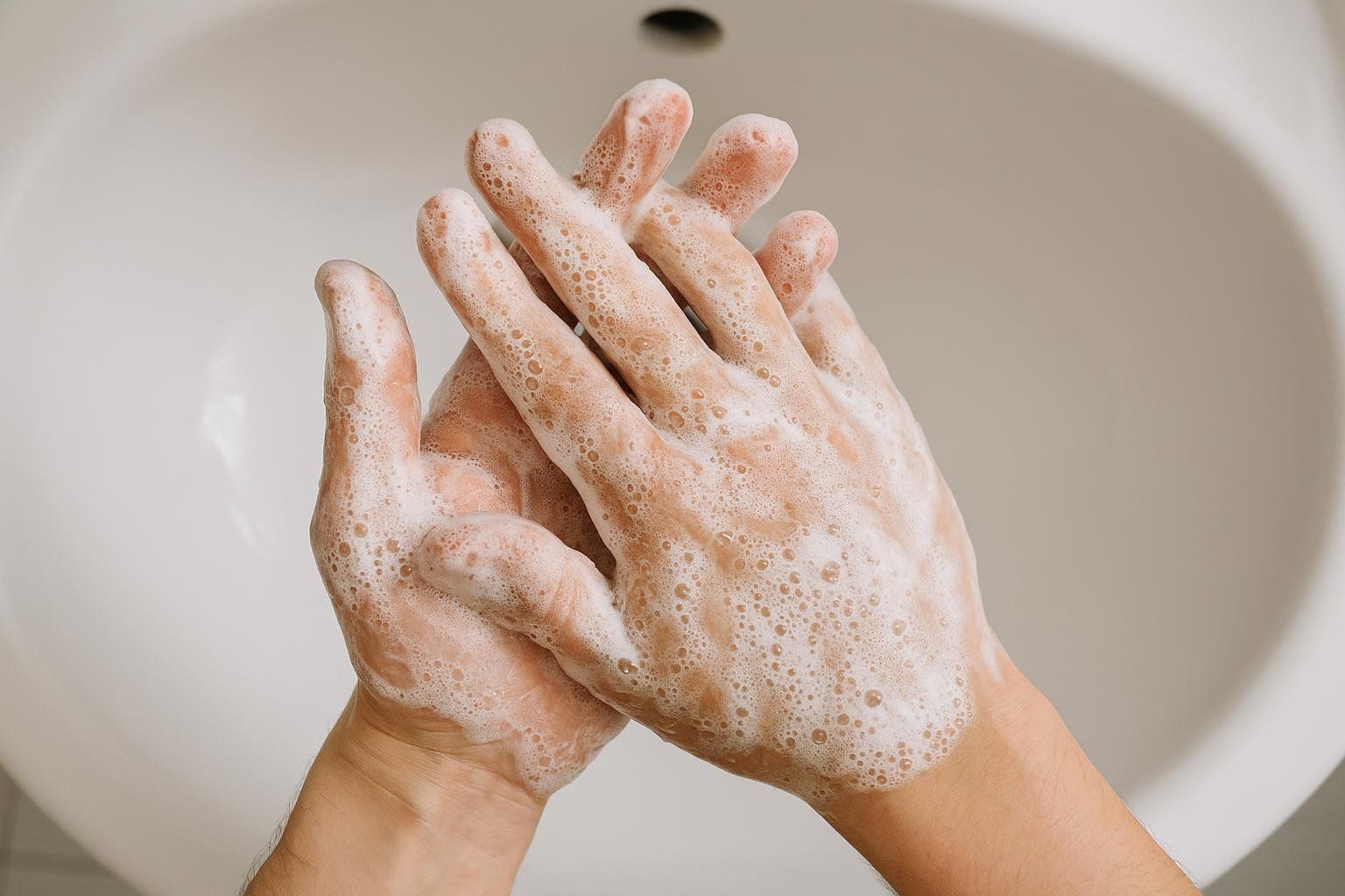 A close-up, overhead view of hands covered in white soap suds, being thoroughly washed over a white sink.