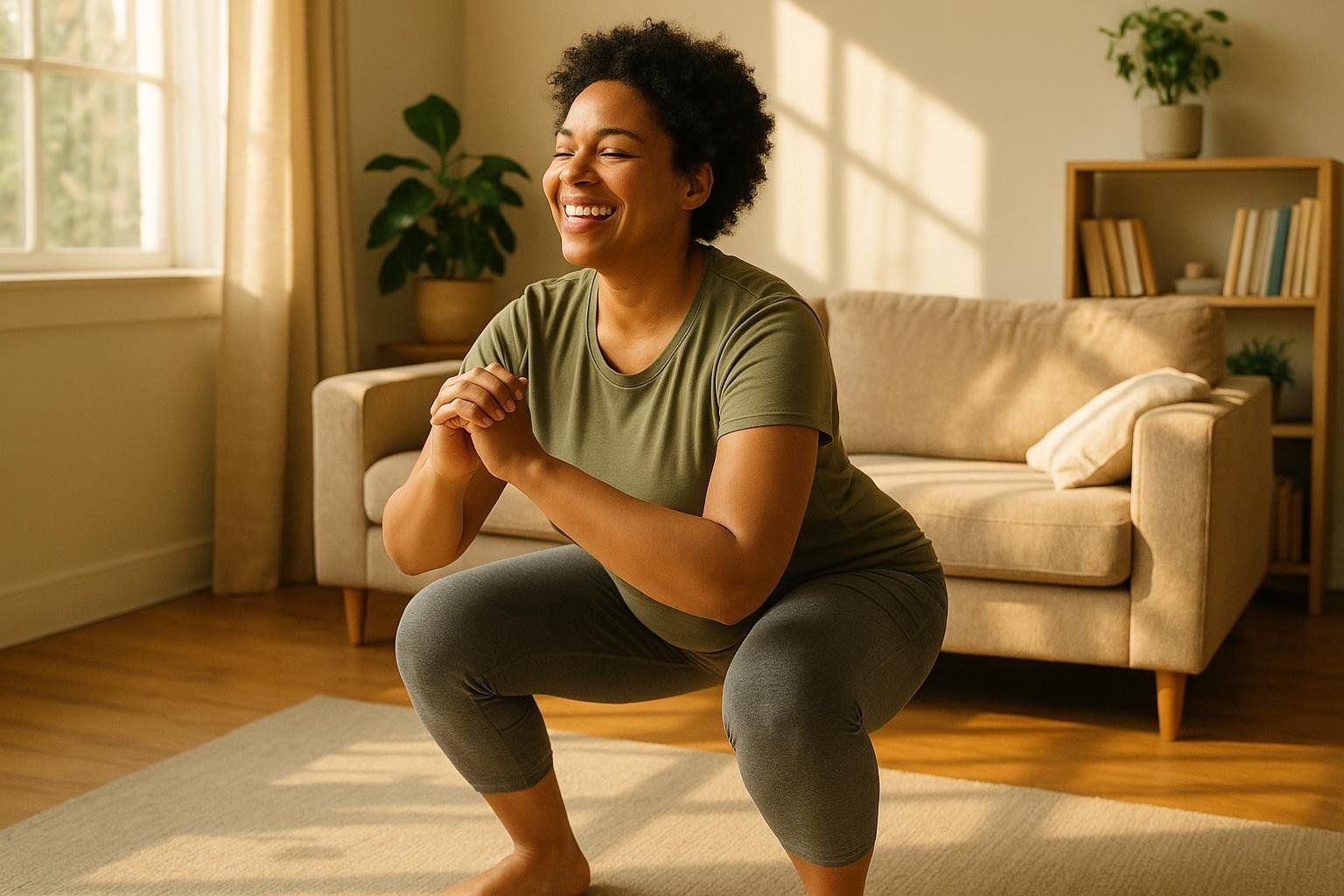 A person smiling while doing a strength routine at home, an example of joyful, non-punishing movement.