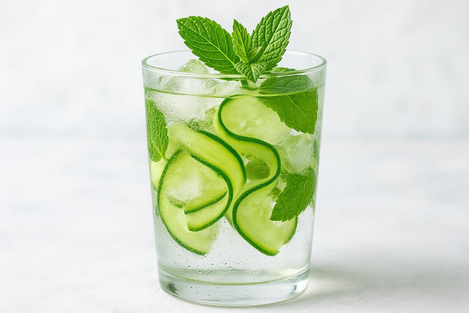 A close-up of a refreshing glass of water infused with sliced cucumber ribbons, ice cubes, and fresh mint leaves, set against a light background.