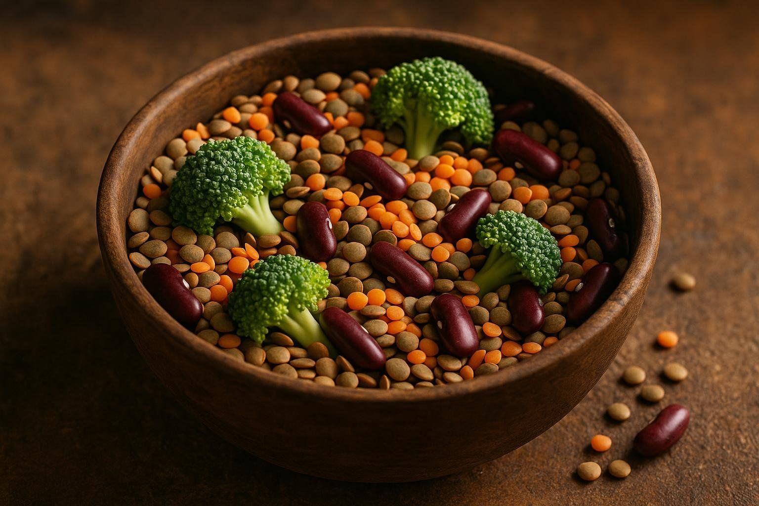 A wooden bowl filled with a mixture of green lentils, orange lentils, dark red kidney beans, and small florets of broccoli. Some spilled lentils and kidney beans are visible on the brown surface next to the bowl.